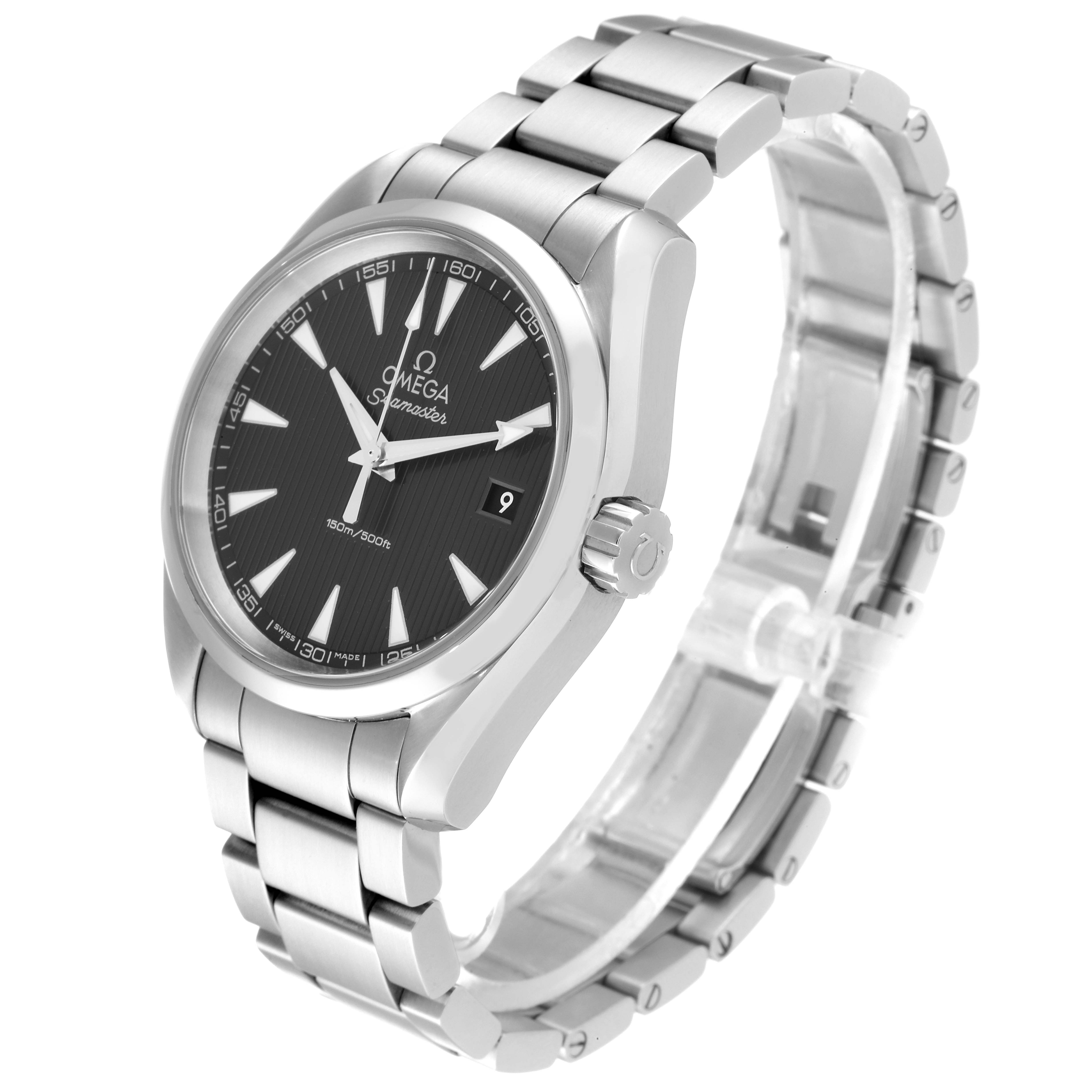 The Omega Aqua Terra 231.10.39.60.06.001 Men
s Stainless Steel Grey Dial 231.10.39.60.06.001 Men
s Stainless Steel Grey Dial watch is shown at an angled view displaying the dial, bracelet, crown, and part of the clasp.