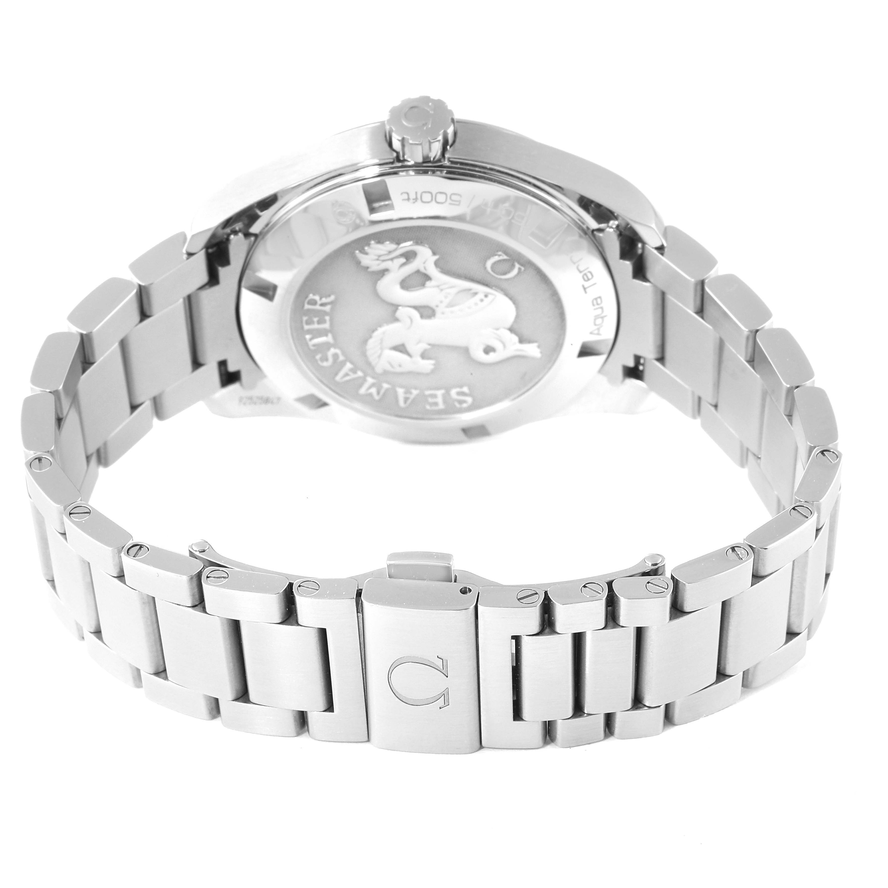 The image shows the back and clasp of the Omega Aqua Terra 231.10.39.60.06.001 Men
s Stainless Steel Grey Dial 231.10.39.60.06.001 Men
s Stainless Steel Grey Dial watch, displaying the branded emblem and stainless steel bracelet.