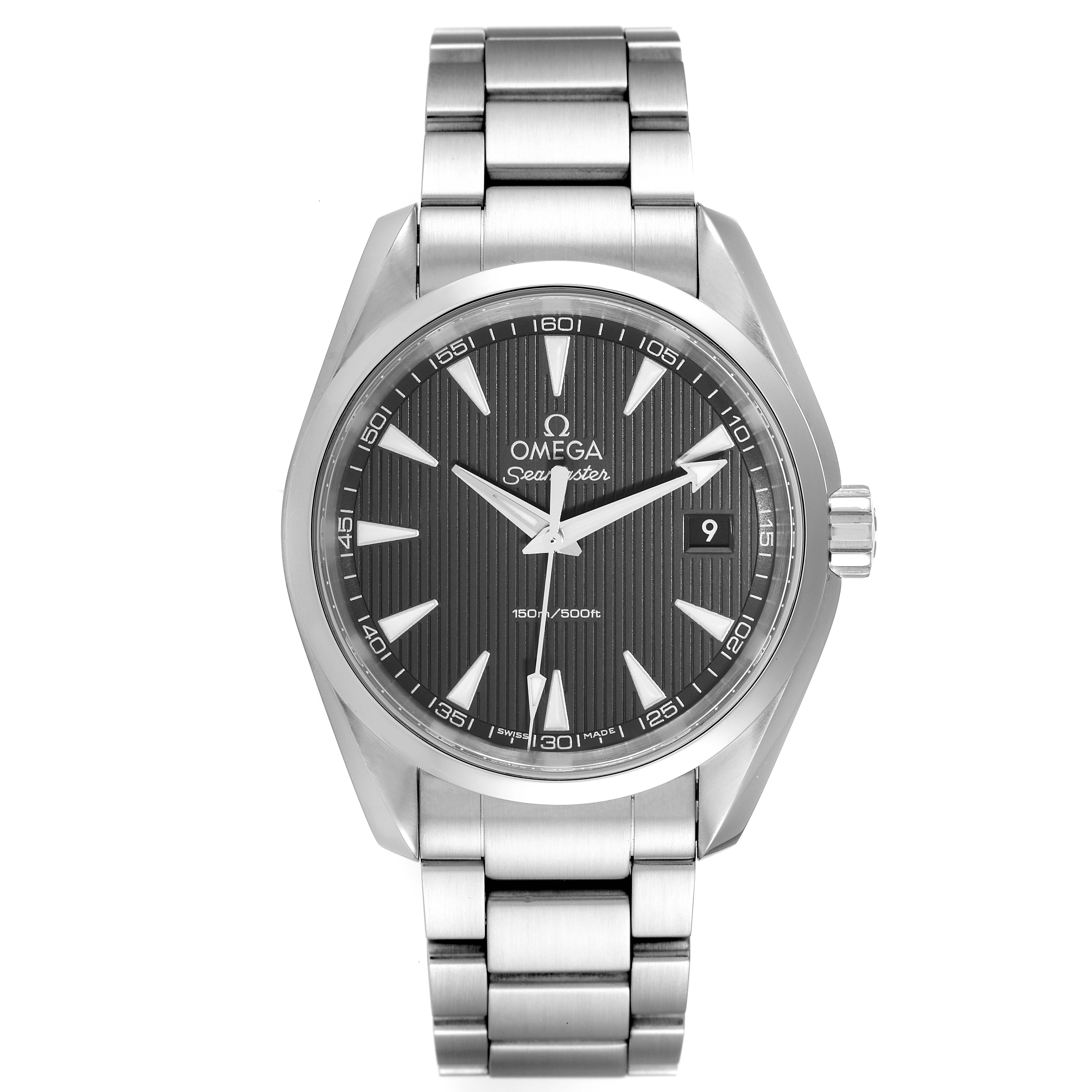 The Omega Aqua Terra 231.10.39.60.06.001 Men
s Stainless Steel Grey Dial 231.10.39.60.06.001 Men
s Stainless Steel Grey Dial watch is shown from the front, displaying its face, dial, bezel, bracelet, and crown.