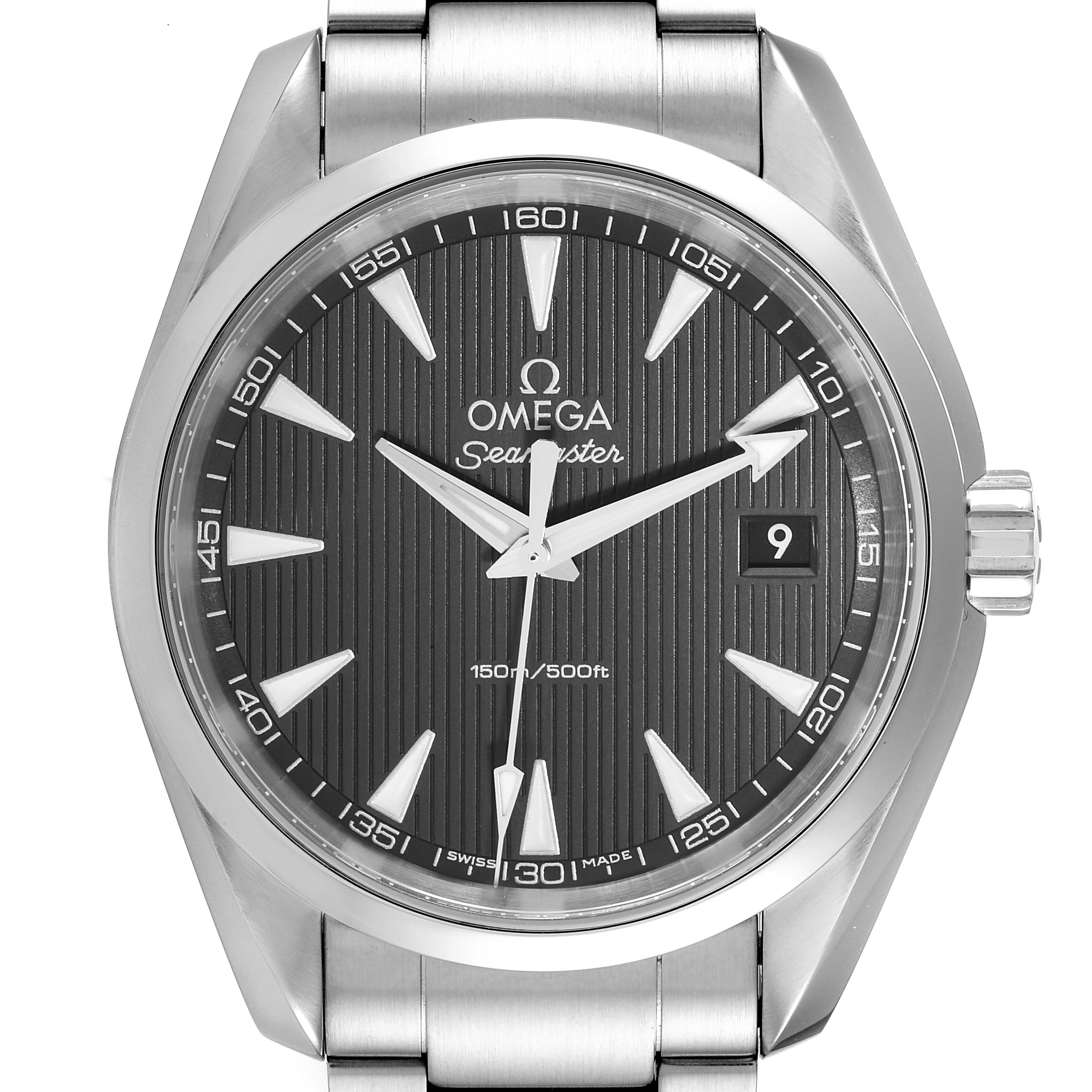 The image shows a front view of the Omega Aqua Terra 231.10.39.60.06.001 Men
s Stainless Steel Grey Dial 231.10.39.60.06.001 Men
s Stainless Steel Grey Dial watch, highlighting the dial, hands, date window, and bracelet.