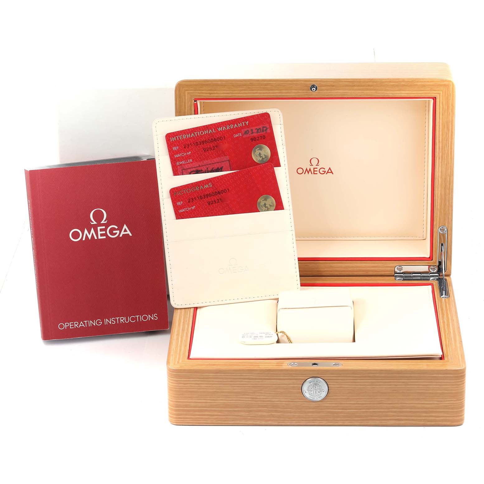 The image shows the Omega Aqua Terra 231.10.39.60.06.001 Men
s Stainless Steel Grey Dial 231.10.39.60.06.001 Men
s Stainless Steel Grey Dial watch box, warranty cards, and operating instructions from a front angle.