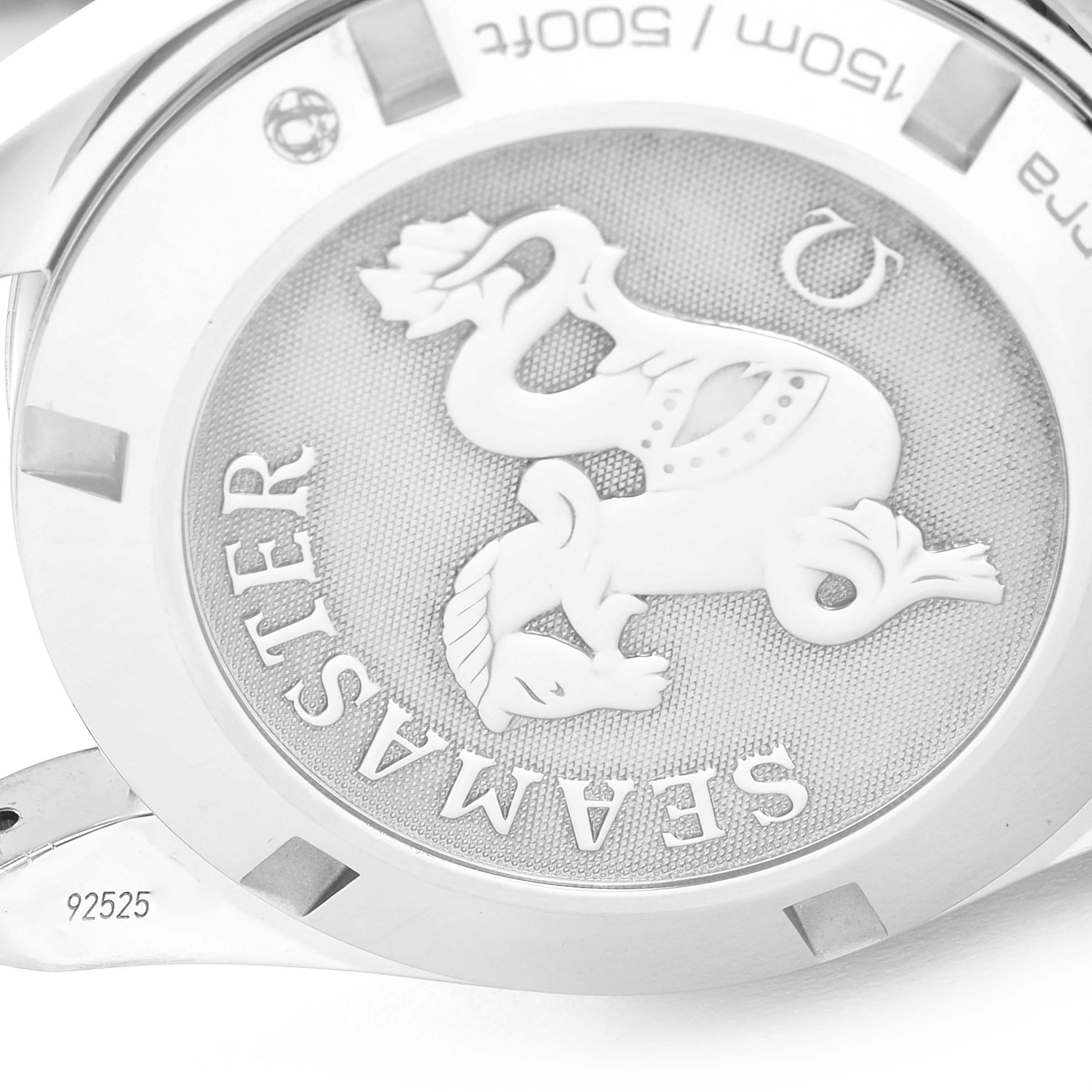 The image shows the back case of an Omega Aqua Terra 231.10.39.60.06.001 Men
s Stainless Steel Grey Dial 231.10.39.60.06.001 Men
s Stainless Steel Grey Dial watch featuring the "Seamaster" engraving and emblem.