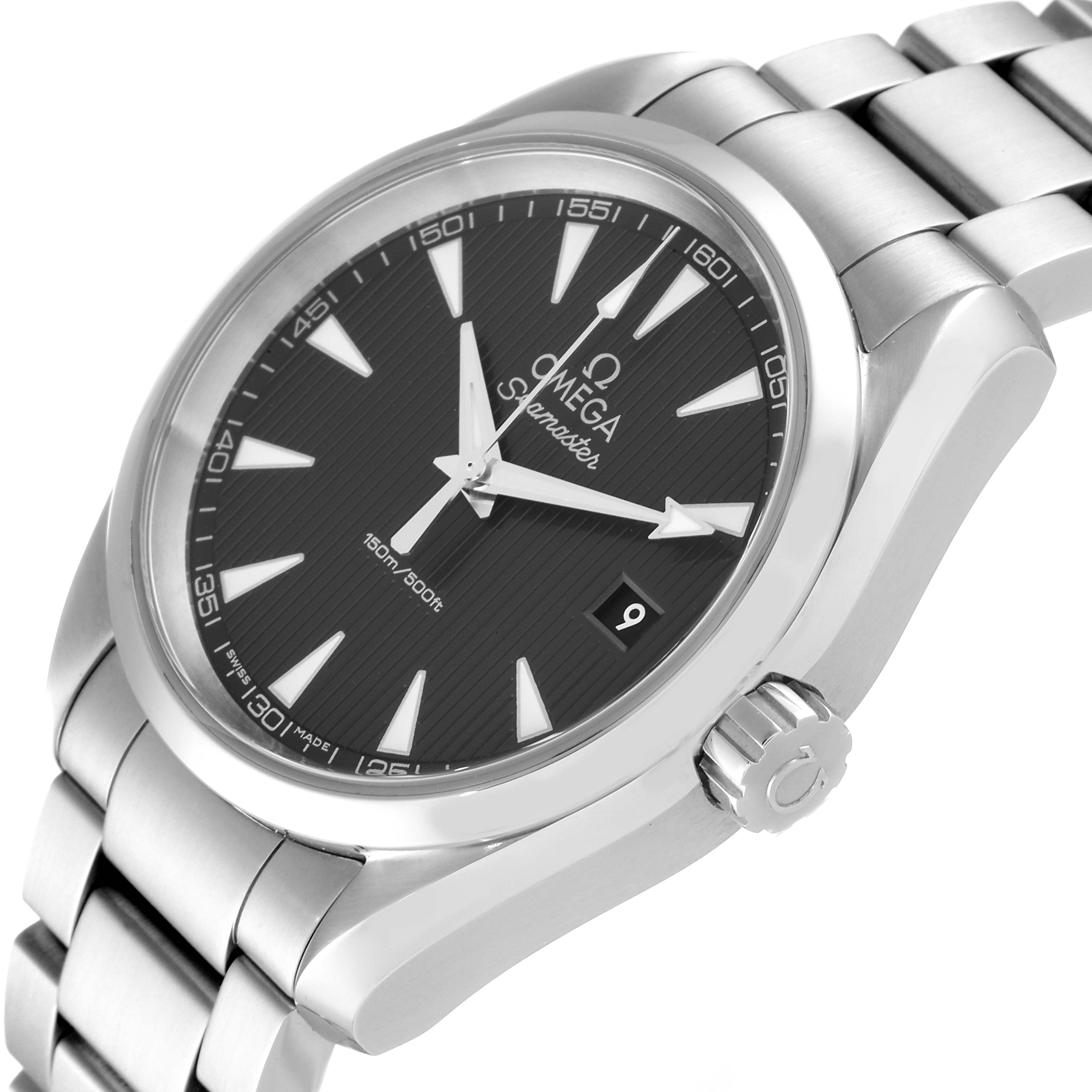 The image shows a close-up angled view of an Omega Aqua Terra 231.10.39.60.06.001 Men
s Stainless Steel Grey Dial 231.10.39.60.06.001 Men
s Stainless Steel Grey Dial Seamaster watch, highlighting the dial, hands, and part of the bracelet.