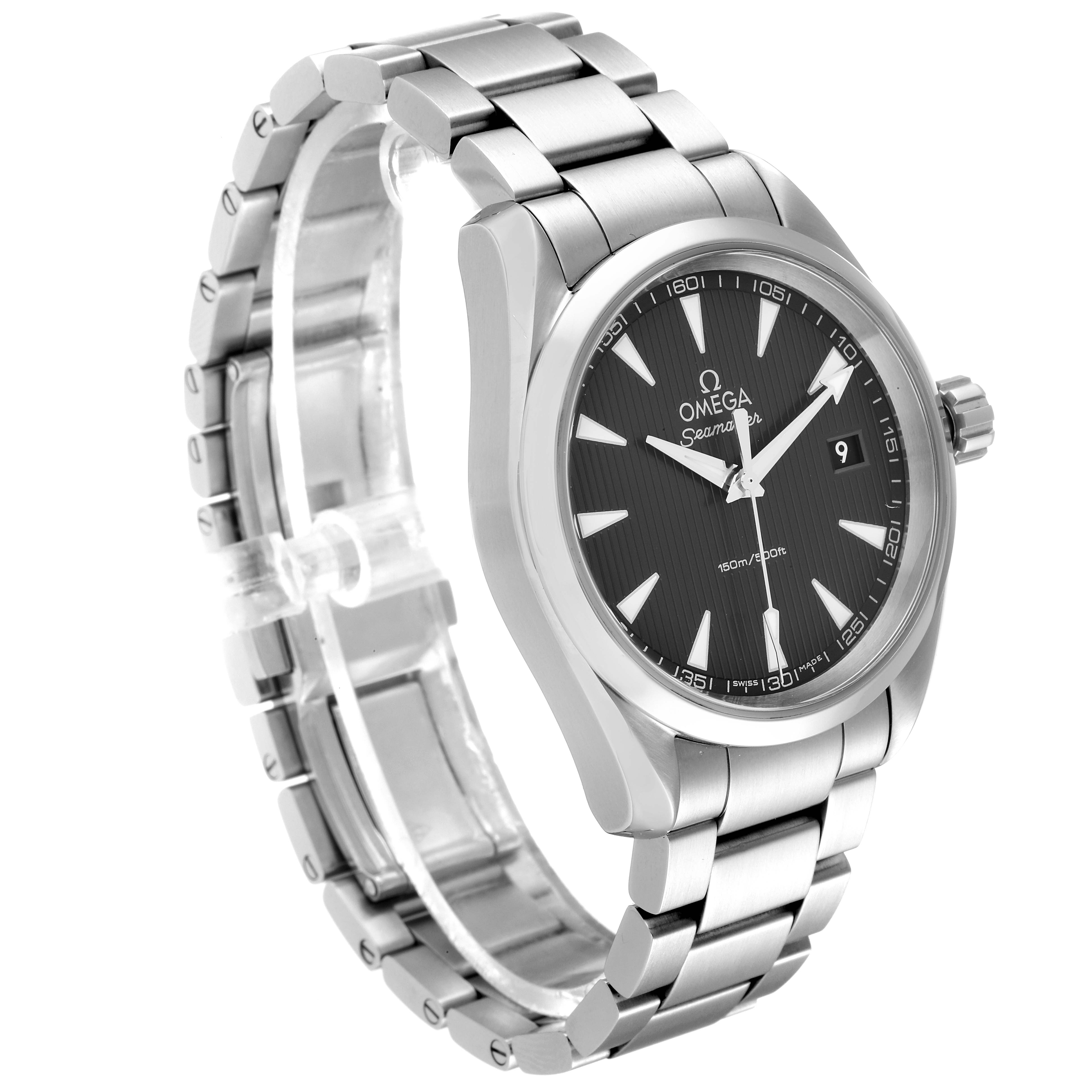 The image shows an Omega Aqua Terra 231.10.39.60.06.001 Men
s Stainless Steel Grey Dial 231.10.39.60.06.001 Men
s Stainless Steel Grey Dial watch at an angle highlighting its face, bezel, crown, and bracelet.