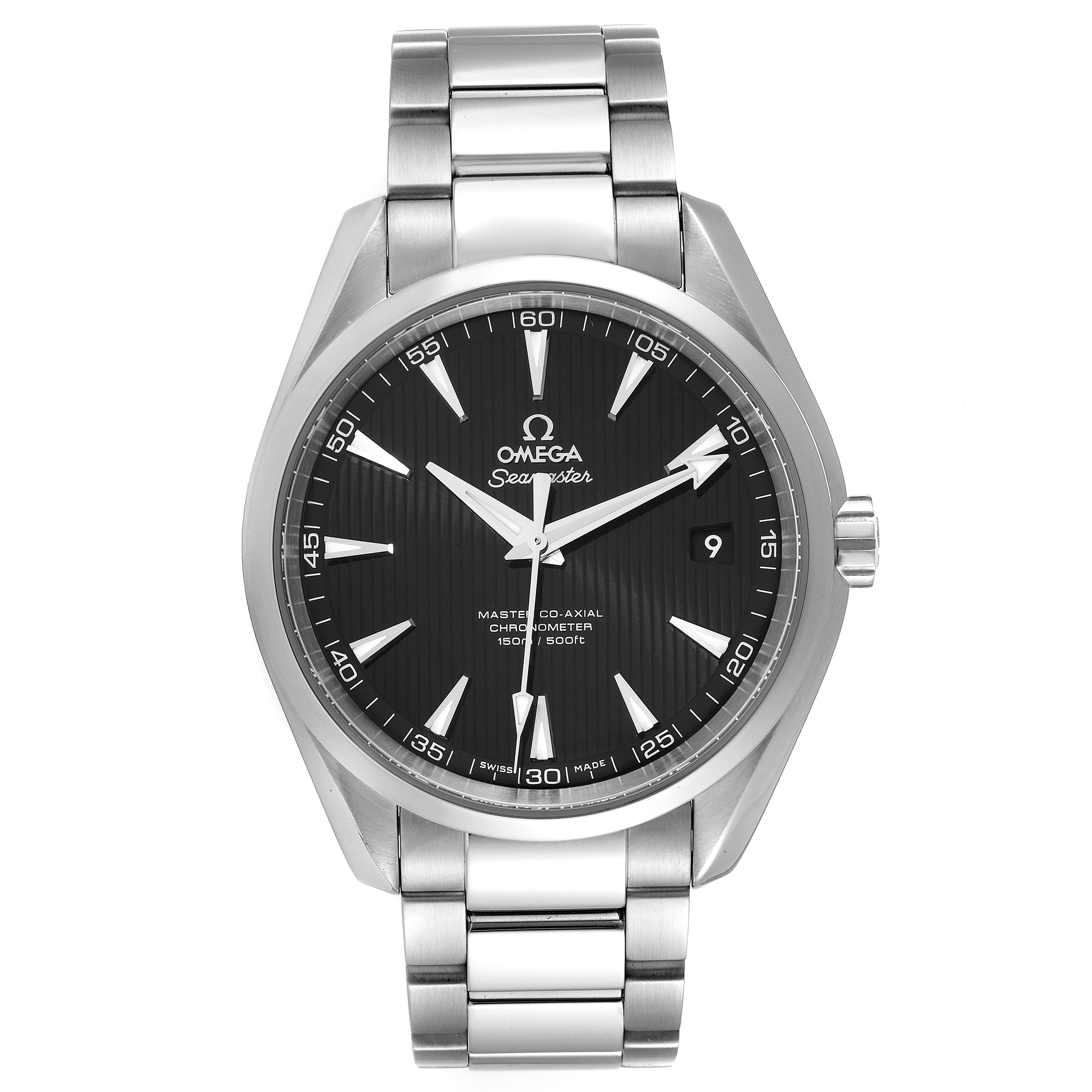 The image shows a frontal view of the Omega Aqua Terra 231.10.42.21.01.003 Men's Stainless Steel Black Dial 231.10.42.21.01.003 Men's Stainless Steel Black Dial Seamaster watch, displaying the face, bezel, bracelet, and crown.