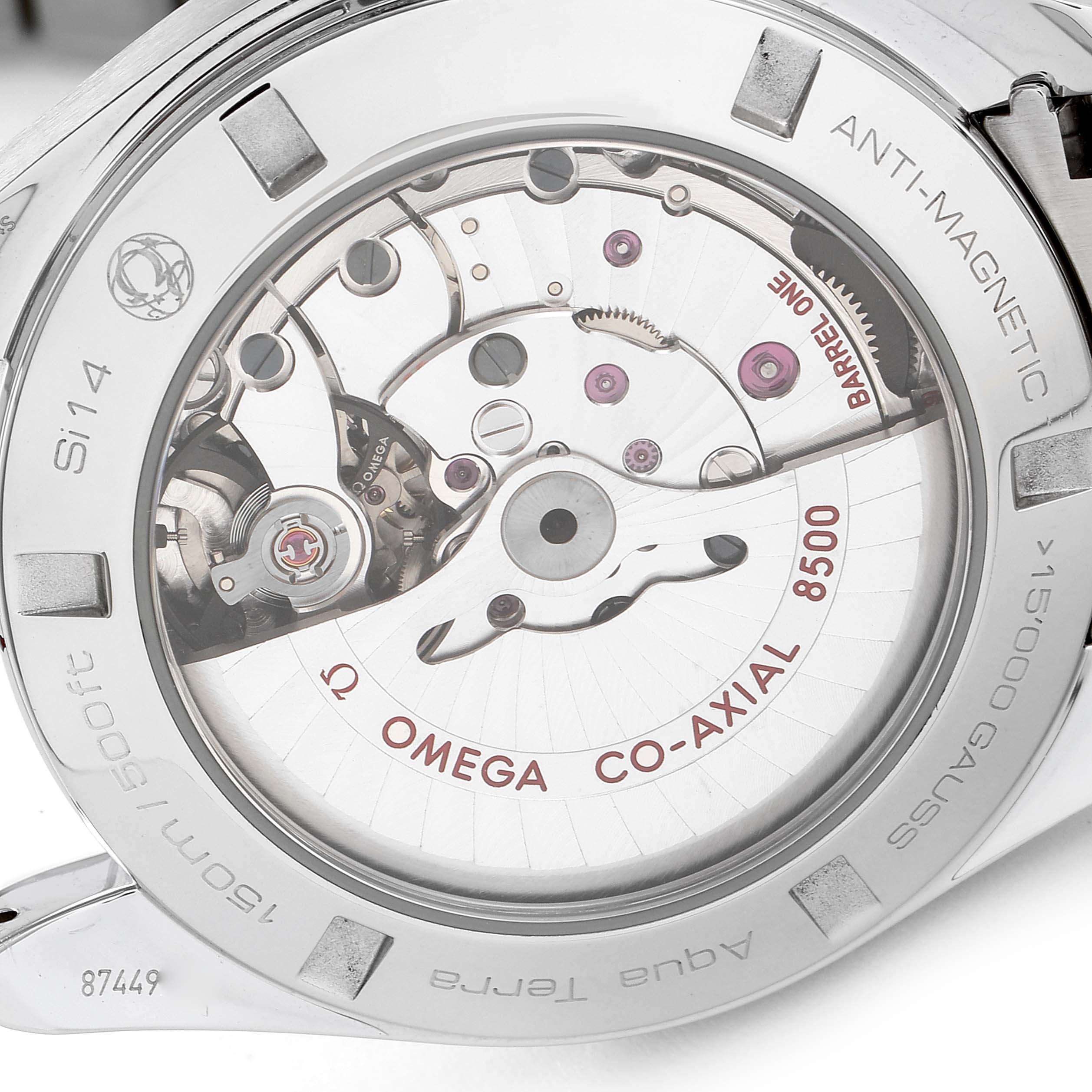 The image shows the back view of the Omega Aqua Terra 231.10.42.21.01.003 Men's Stainless Steel Black Dial 231.10.42.21.01.003 Men's Stainless Steel Black Dial watch, highlighting its Co-Axial 8500 movement and anti-magnetic components.