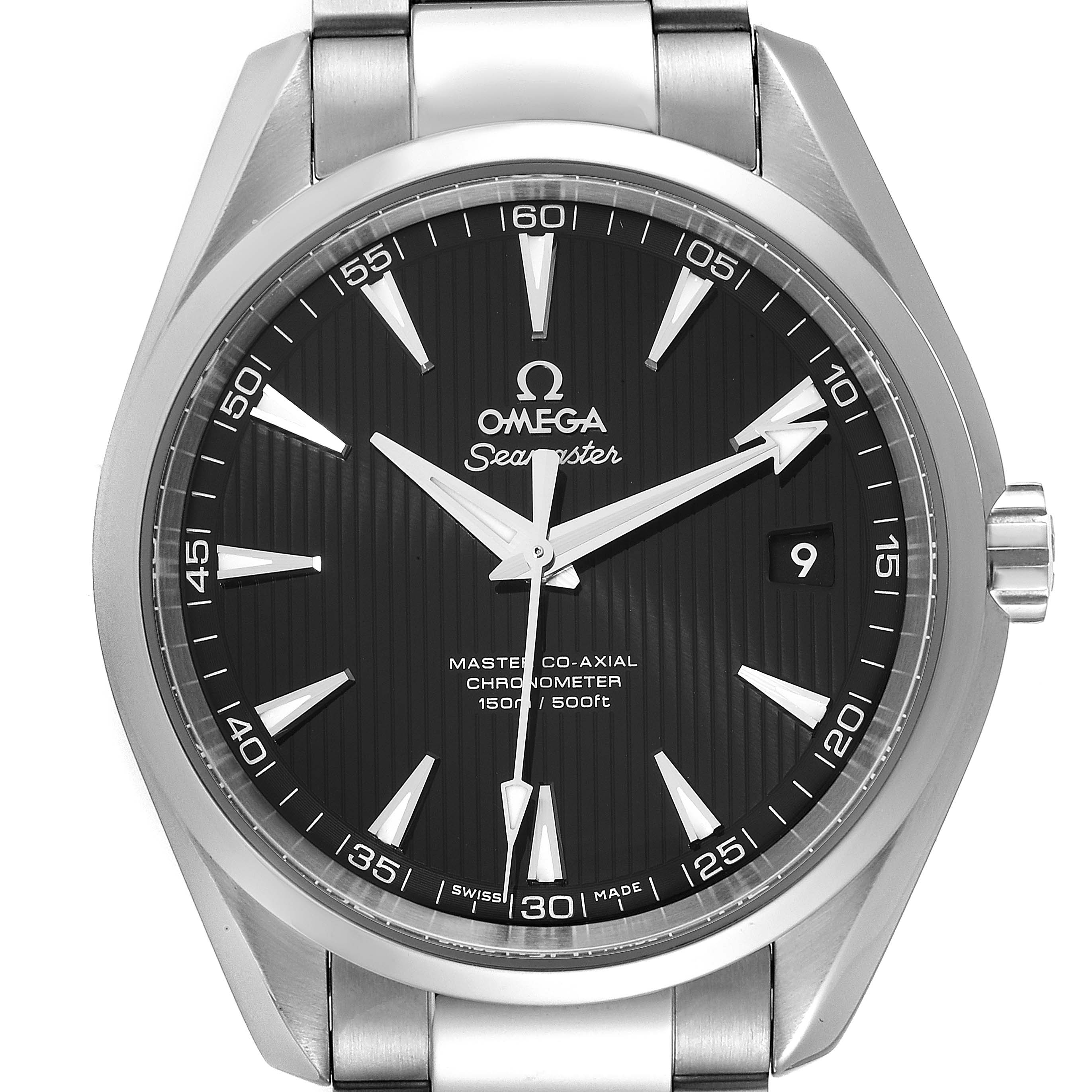 The image shows a front view of the Omega Aqua Terra 231.10.42.21.01.003 Men's Stainless Steel Black Dial 231.10.42.21.01.003 Men's Stainless Steel Black Dial wristwatch, highlighting its black dial, hands, and bracelet.
