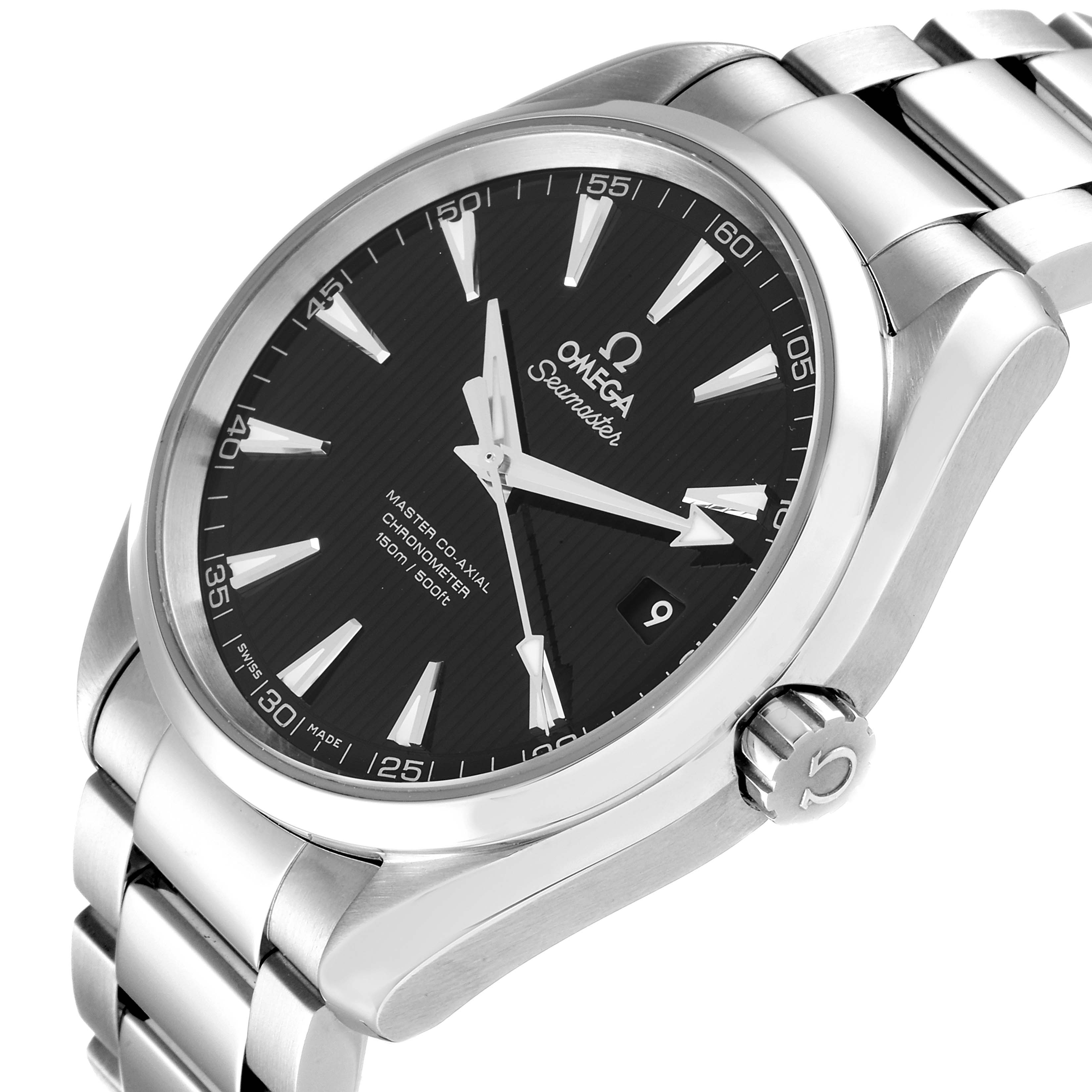 The image shows the dial, crown, and part of the bracelet of the Omega Aqua Terra 231.10.42.21.01.003 Men's Stainless Steel Black Dial 231.10.42.21.01.003 Men's Stainless Steel Black Dial Seamaster watch at an angled close-up.