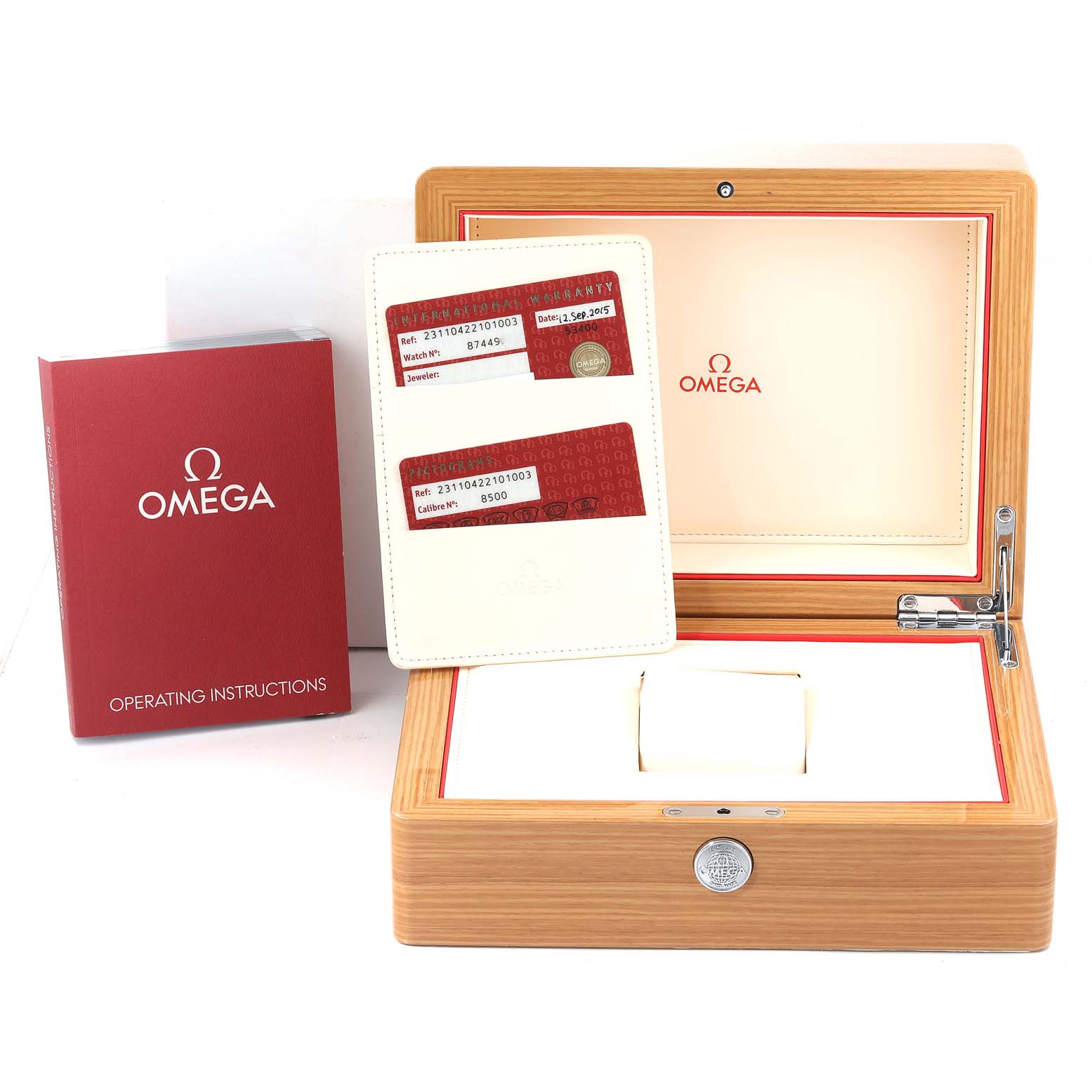 The image shows the packaging, warranty cards, and operating instructions for the Omega Aqua Terra 231.10.42.21.01.003 Men's Stainless Steel Black Dial 231.10.42.21.01.003 Men's Stainless Steel Black Dial watch.