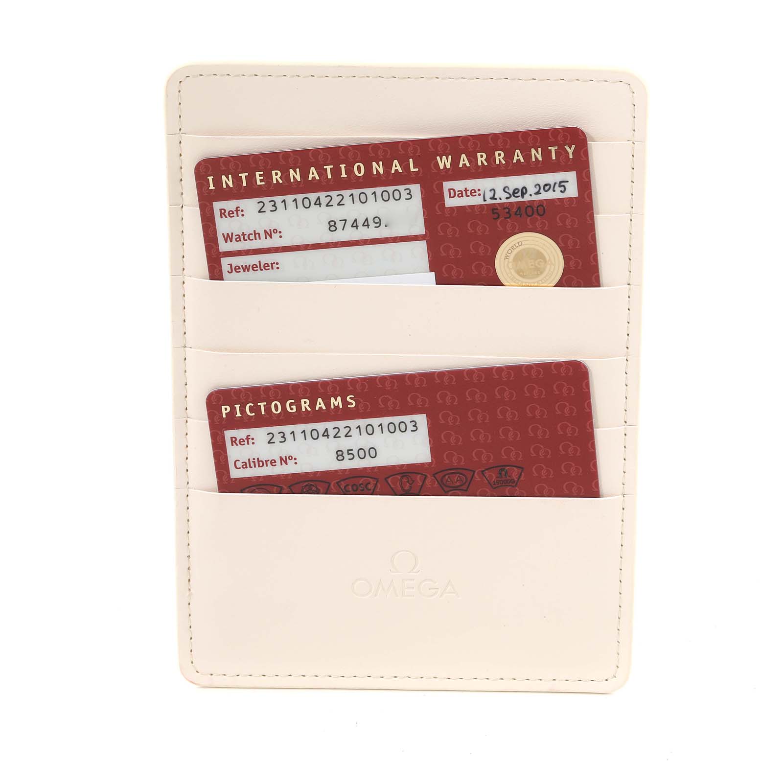 The image shows Omega Aqua Terra 231.10.42.21.01.003 Men's Stainless Steel Black Dial 231.10.42.21.01.003 Men's Stainless Steel Black Dial model warranty and pictogram cards in a white Omega cardholder.