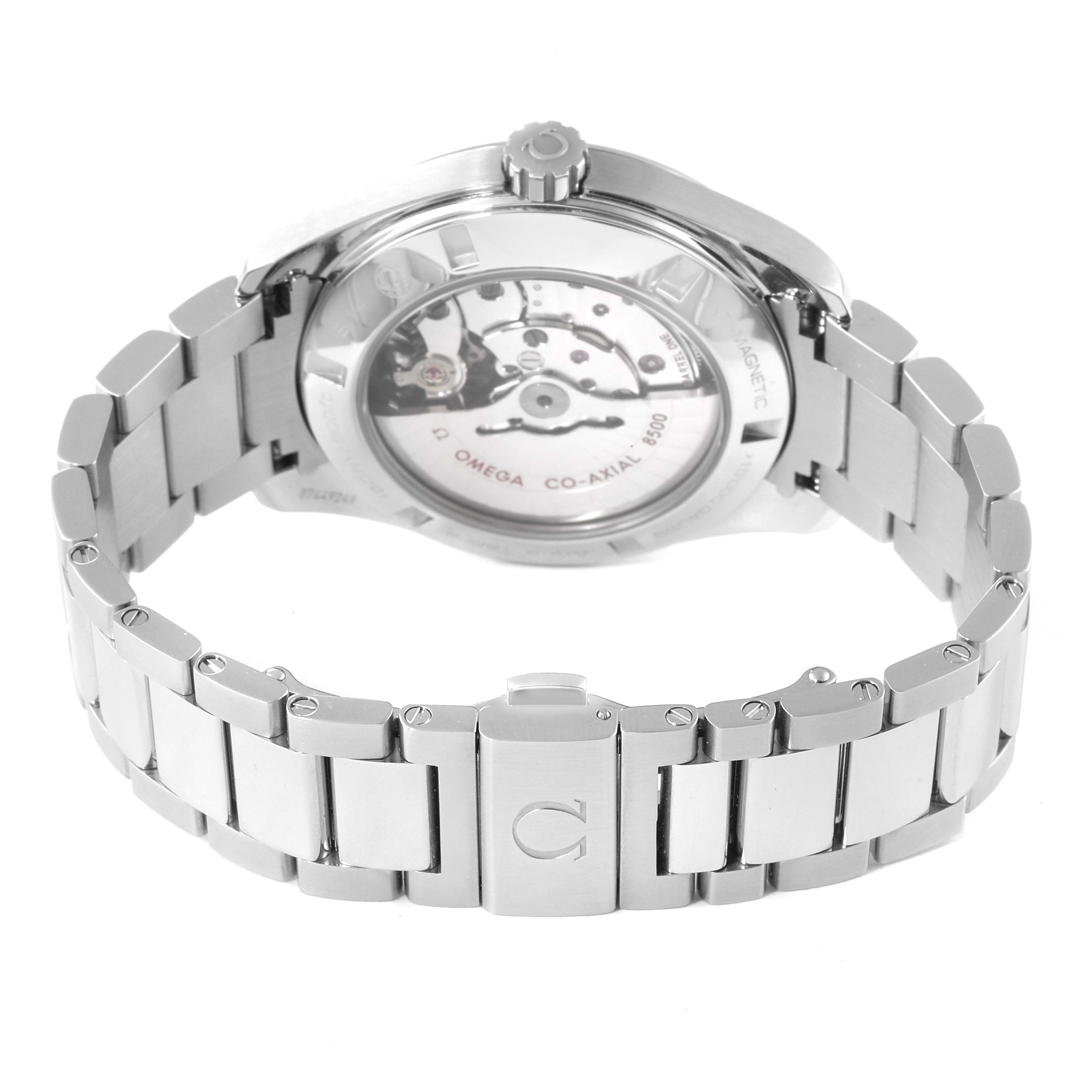 The image shows the back view of the Omega Aqua Terra 231.10.42.21.01.003 Men's Stainless Steel Black Dial 231.10.42.21.01.003 Men's Stainless Steel Black Dial watch, highlighting the movement through the transparent case back and the bracelet.