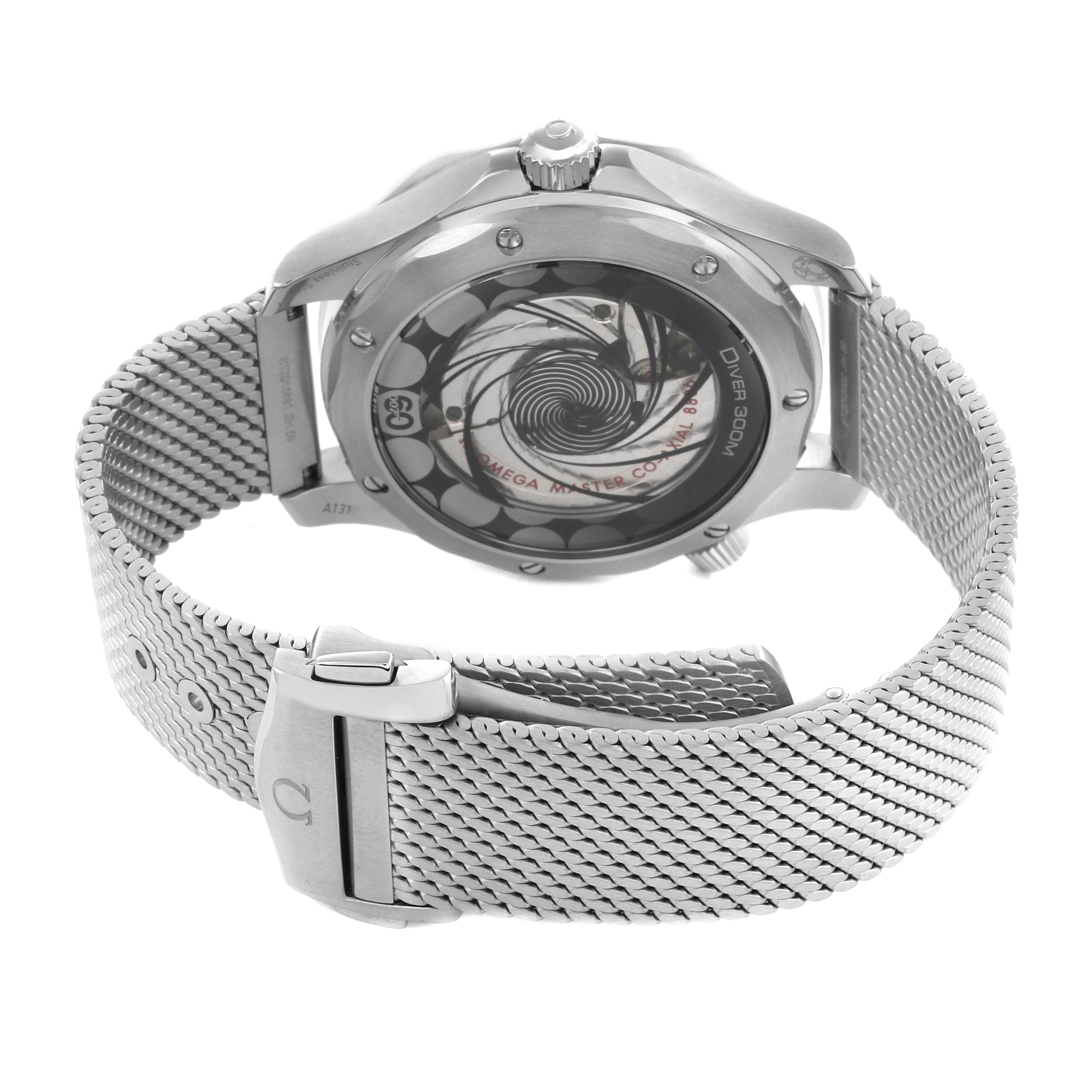 The image shows the back view of an Omega Seamaster 210.30.42.20.03.002 Men's Stainless Steel Blue Dial 210.30.42.20.03.002 Men's Stainless Steel Blue Dial watch, highlighting the exhibition case back and mesh bracelet.