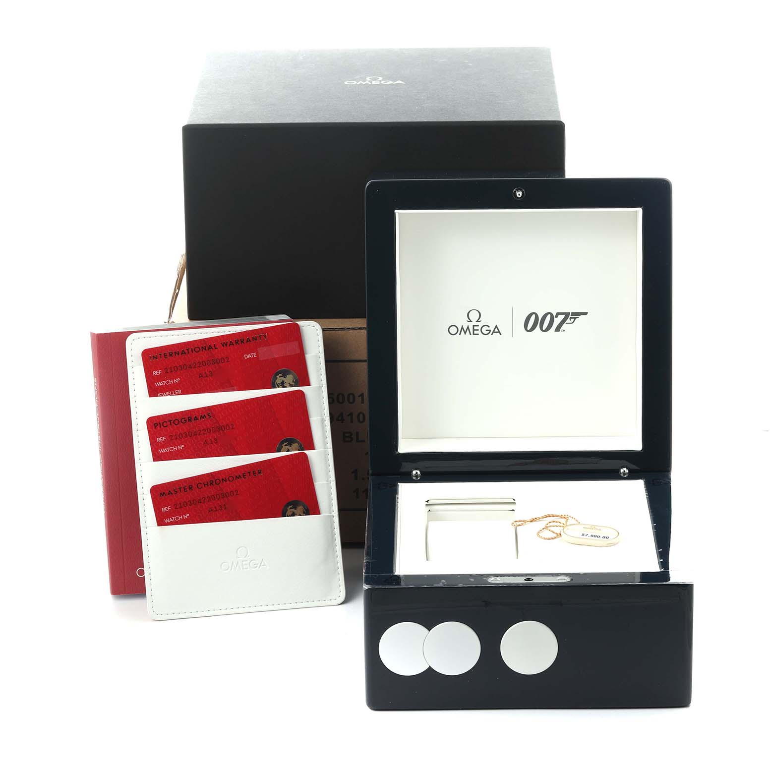 The image shows an Omega Seamaster 210.30.42.20.03.002 Men's Stainless Steel Blue Dial 210.30.42.20.03.002 Men's Stainless Steel Blue Dial box set, including a display case, documentation, and accessories from a front angle.