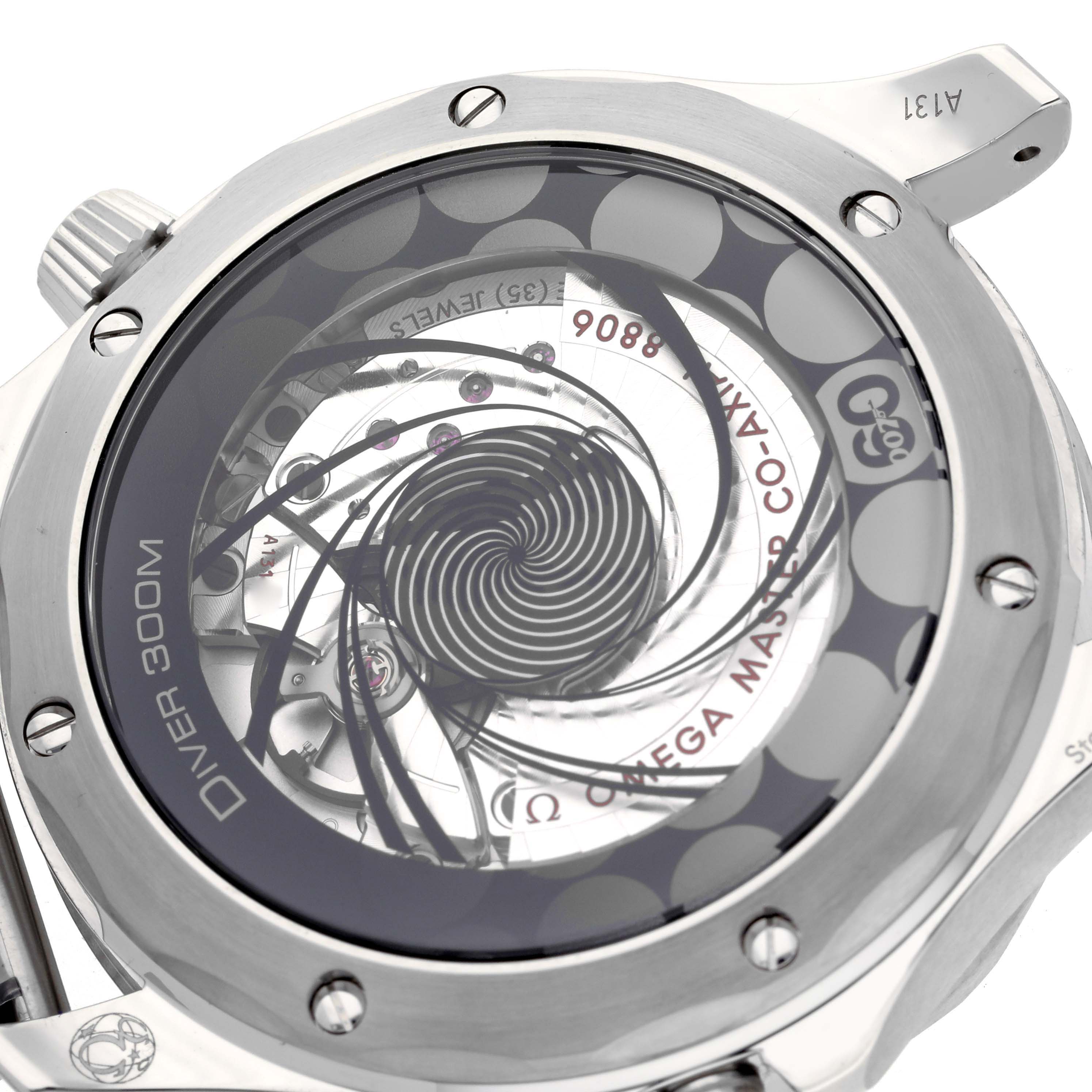 The image shows the back case of an Omega Seamaster 210.30.42.20.03.002 Men's Stainless Steel Blue Dial 210.30.42.20.03.002 Men's Stainless Steel Blue Dial, highlighting its co-axial movement.