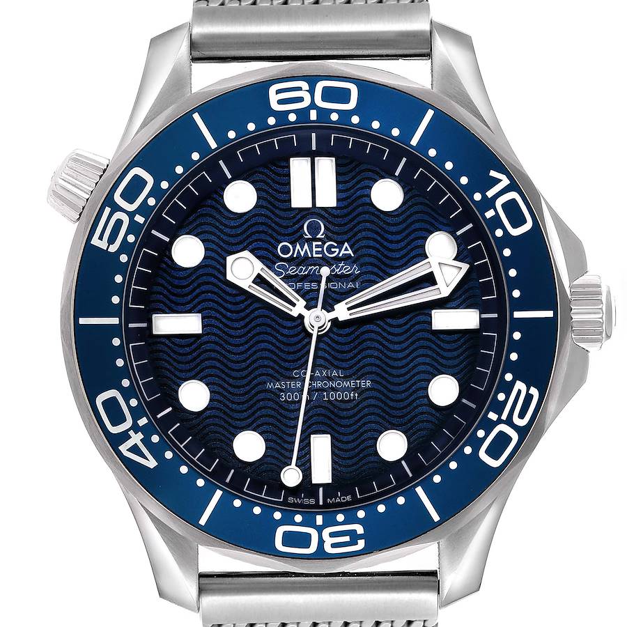 The Omega Seamaster watch is shown from the front, displaying the bezel, dial, hands, and crown.