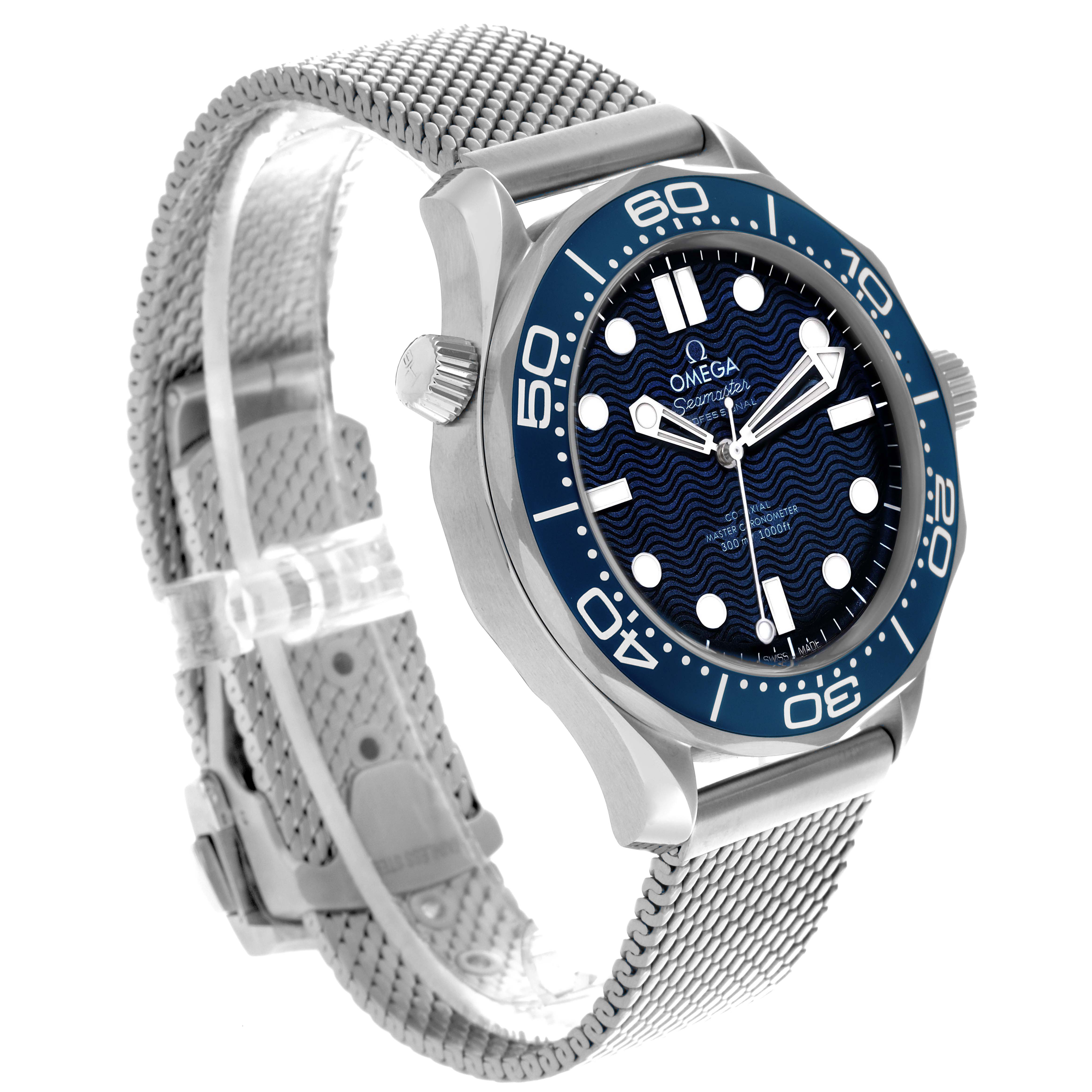 The Omega Seamaster 210.30.42.20.03.002 Men's Stainless Steel Blue Dial 210.30.42.20.03.002 Men's Stainless Steel Blue Dial watch is shown at a three-quarter angle, highlighting the dial, bezel, crown, and mesh bracelet.