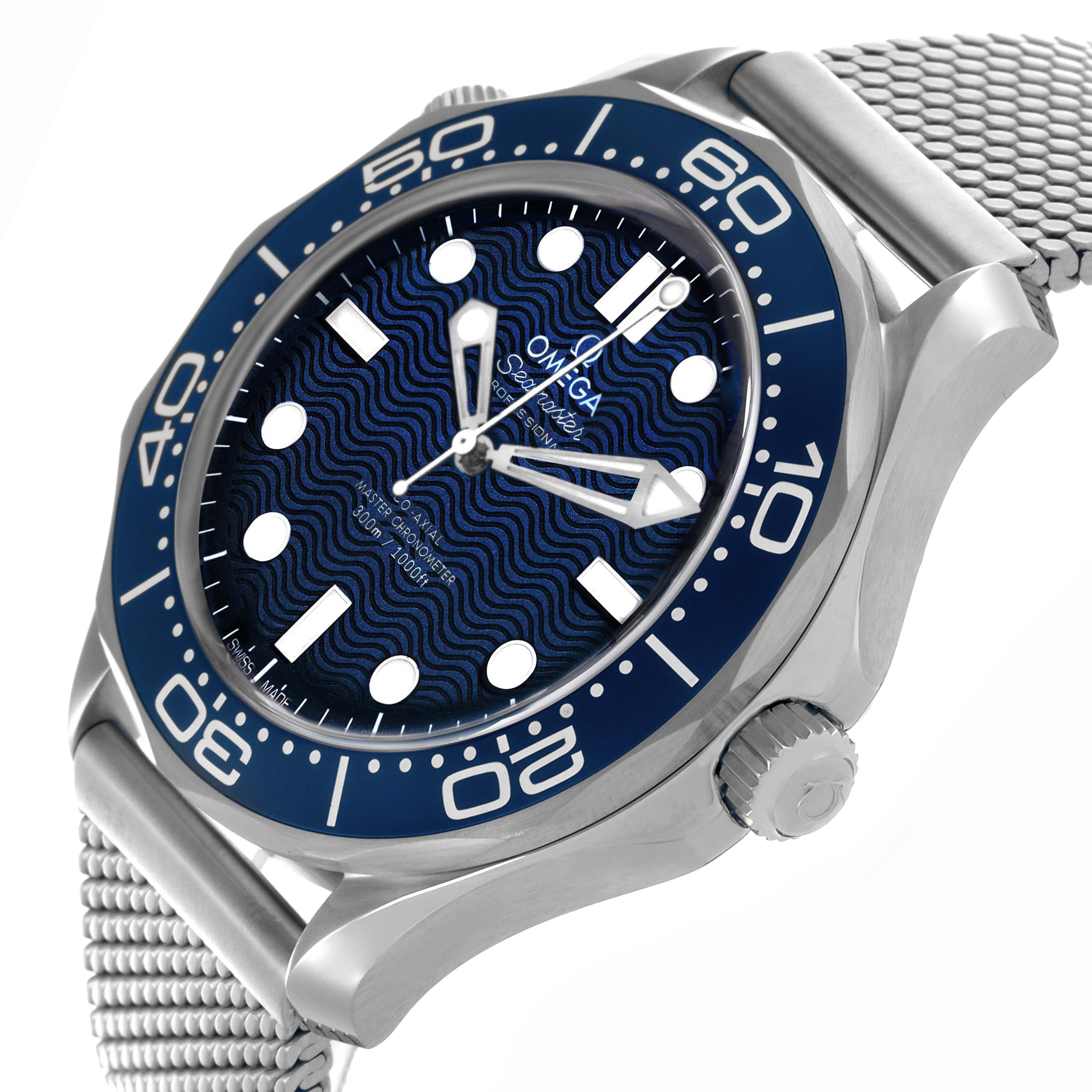 The Omega Seamaster 210.30.42.20.03.002 Men's Stainless Steel Blue Dial 210.30.42.20.03.002 Men's Stainless Steel Blue Dial watch is shown at an angled view displaying the dial, bezel, case, crown, and mesh bracelet.