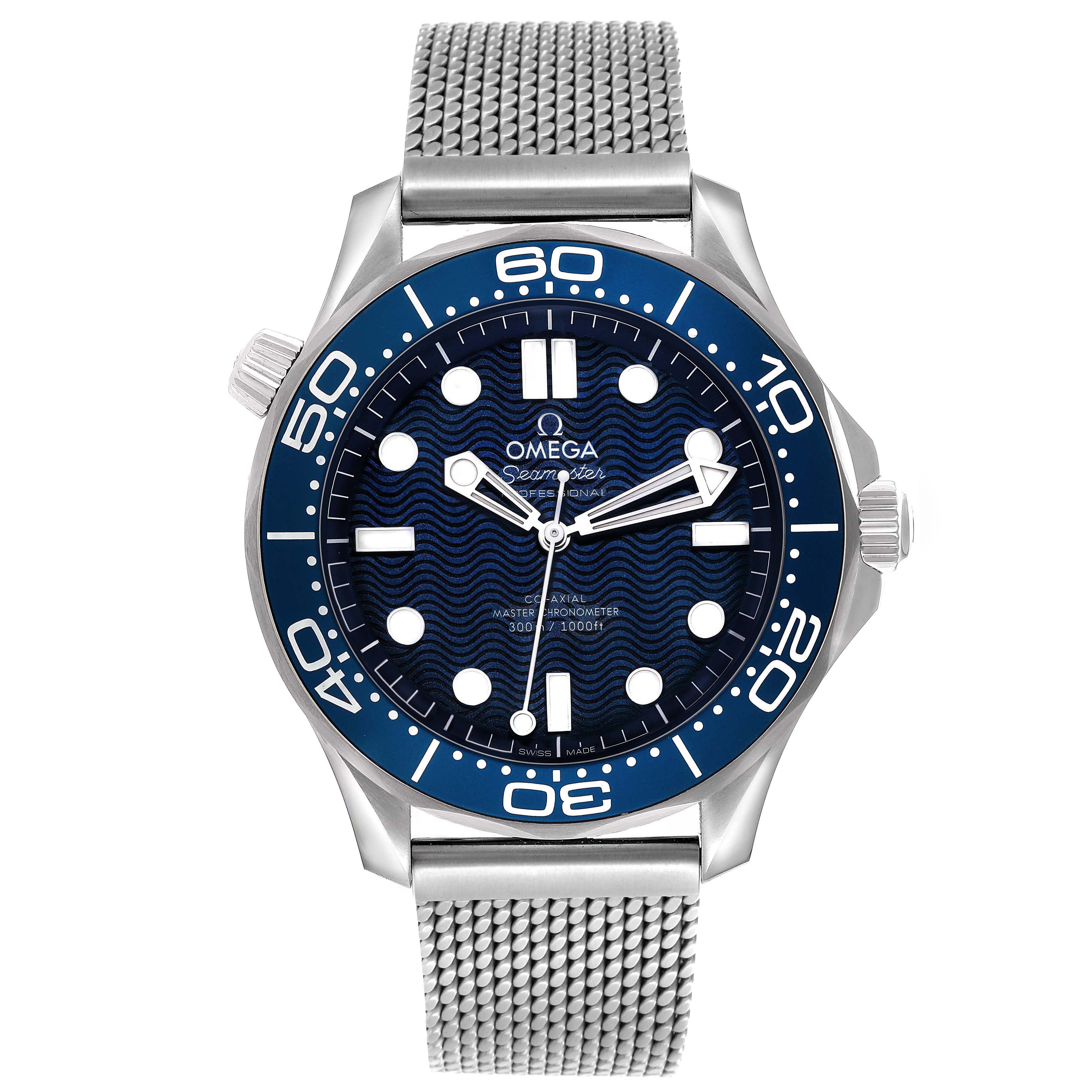The Omega Seamaster 210.30.42.20.03.002 Men's Stainless Steel Blue Dial 210.30.42.20.03.002 Men's Stainless Steel Blue Dial watch is shown from a front angle, highlighting the dial, bezel, and mesh bracelet.