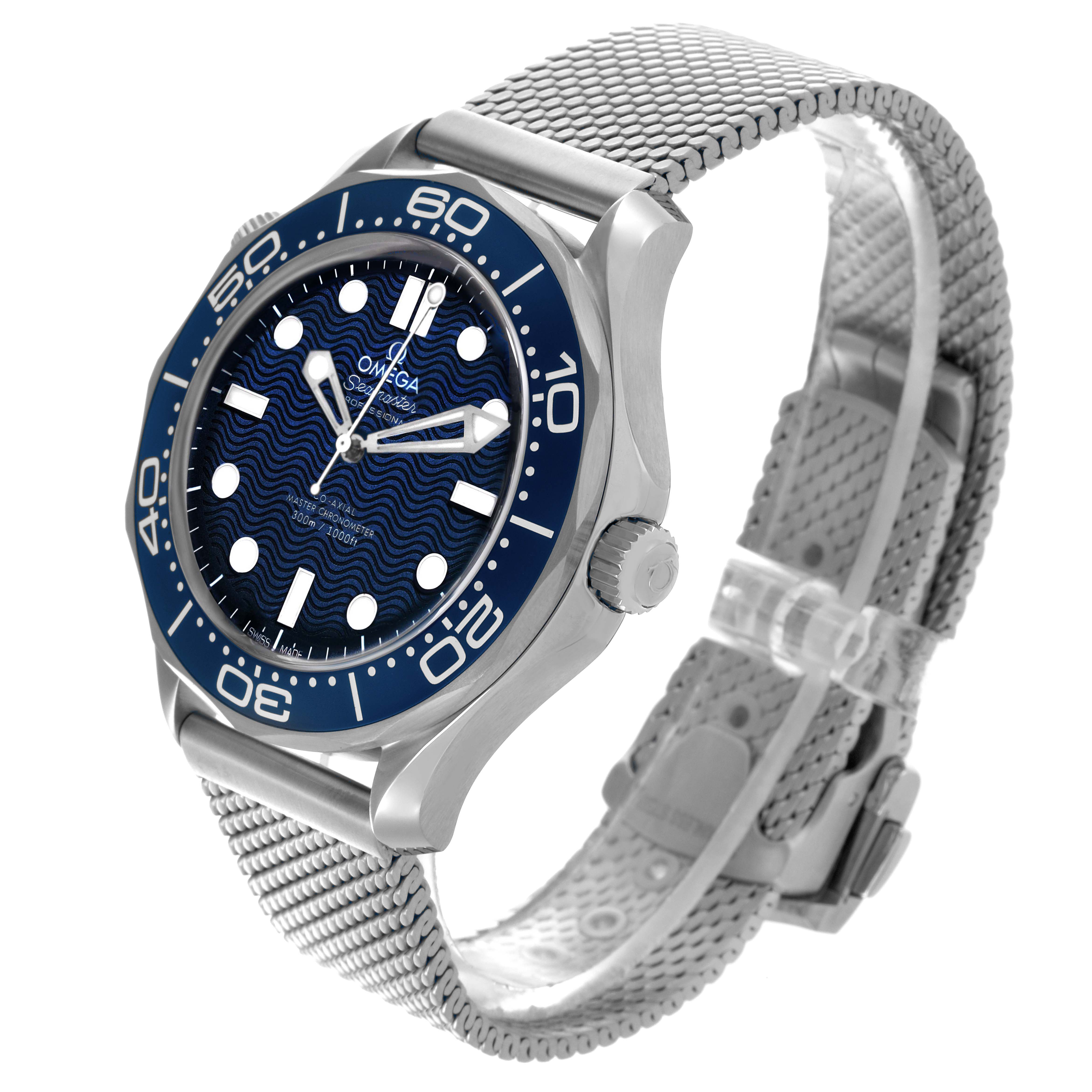 The Omega Seamaster 210.30.42.20.03.002 Men's Stainless Steel Blue Dial 210.30.42.20.03.002 Men's Stainless Steel Blue Dial watch is shown at an angle highlighting the face, bezel, and metal mesh strap.