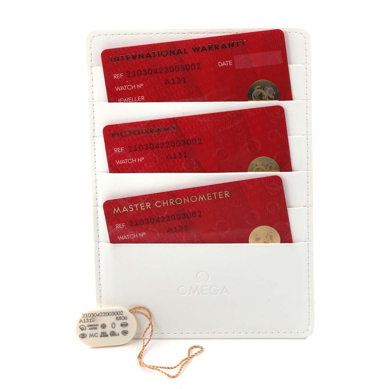 The image shows Omega Seamaster 210.30.42.20.03.002 Men's Stainless Steel Blue Dial 210.30.42.20.03.002 Men's Stainless Steel Blue Dial model warranty cards and tags placed in a white cardholder.