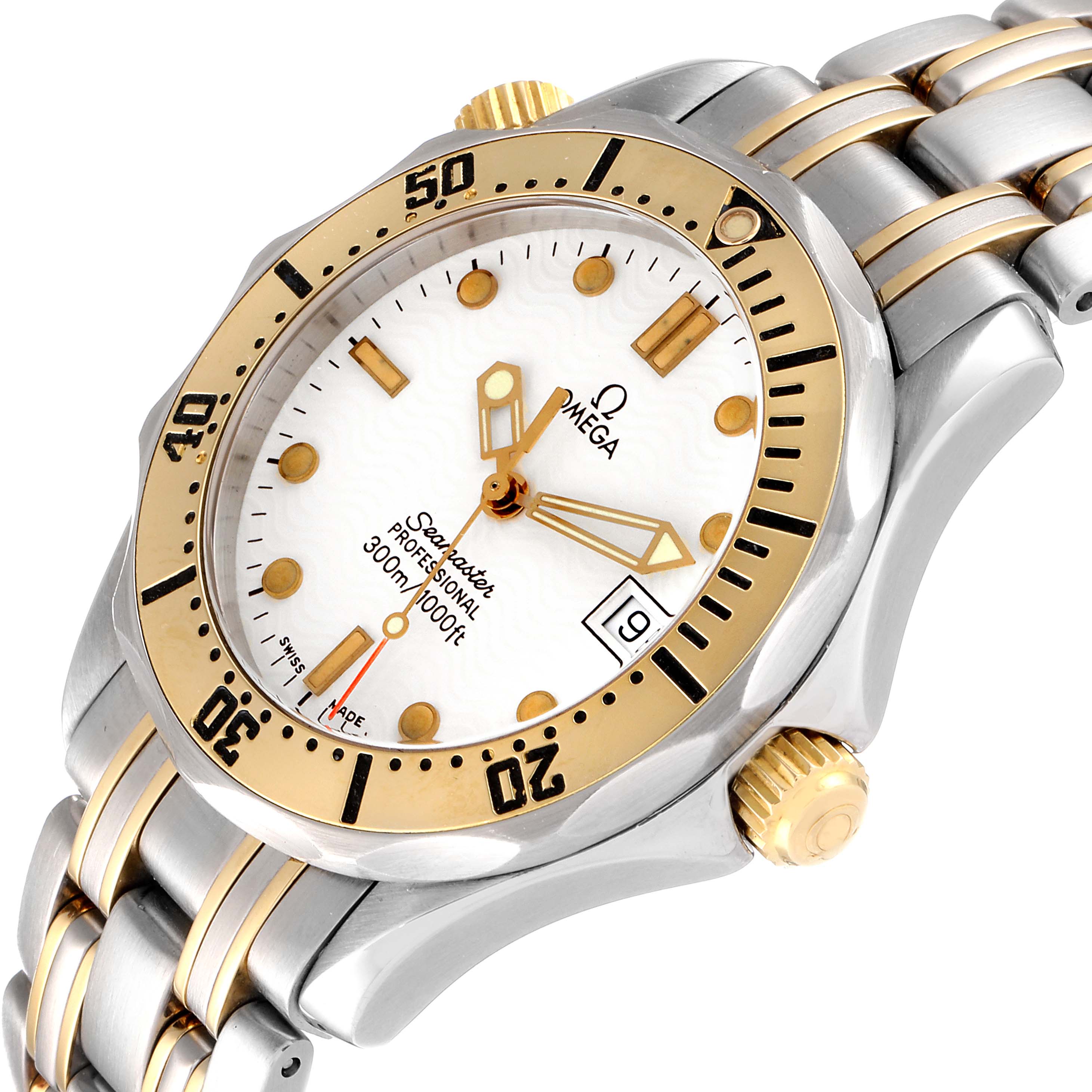 The Omega Seamaster 2342.20.00 Men's Steel and Gold (two tone) White Dial 2342.20.00 Men's Steel and Gold (two tone) White Dial watch is shown from an angled top view, displaying the face, bezel, crown, and part of the bracelet.