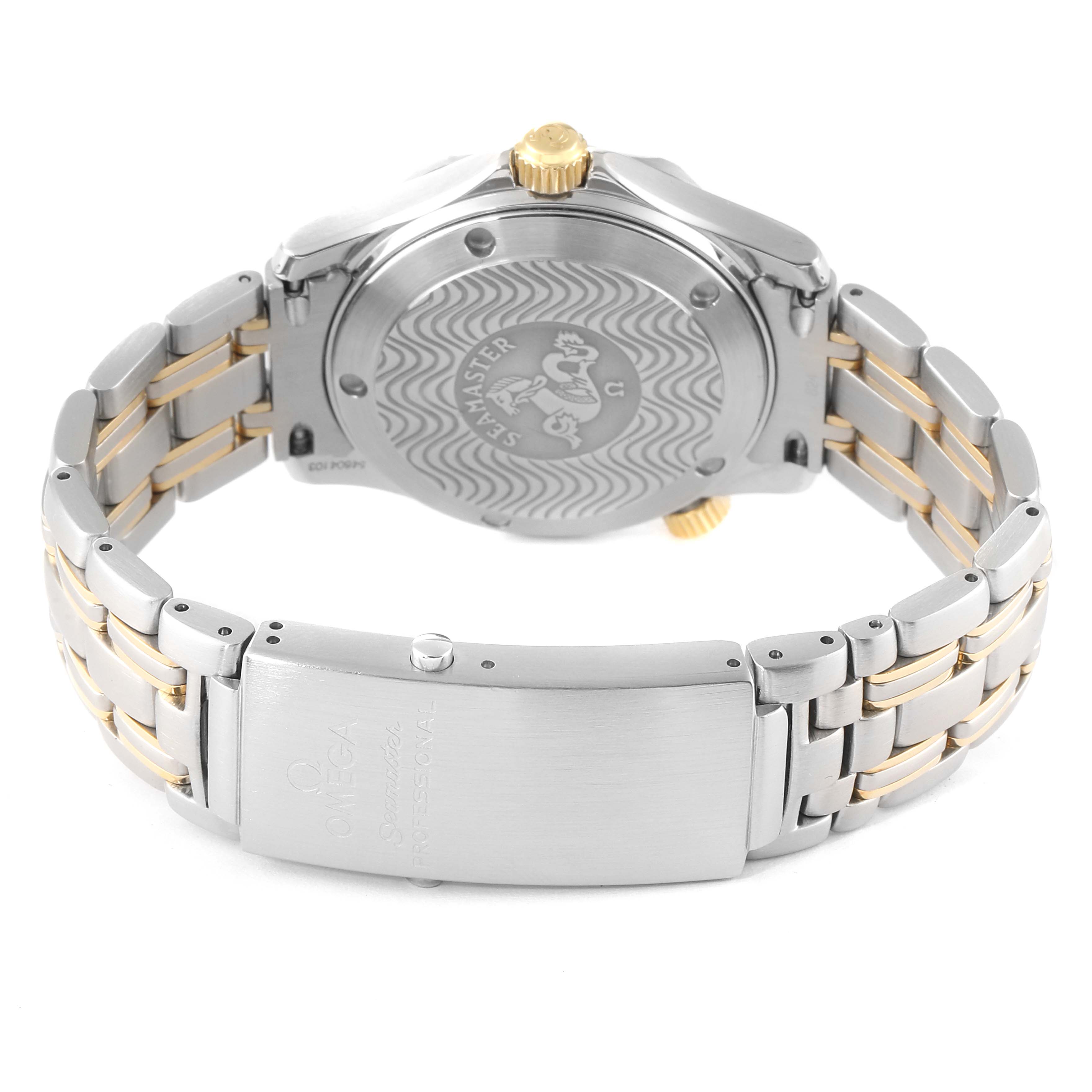 The image shows the back side and clasp of an Omega Seamaster 2342.20.00 Men's Steel and Gold (two tone) White Dial 2342.20.00 Men's Steel and Gold (two tone) White Dial watch, highlighting its bracelet and case back details.