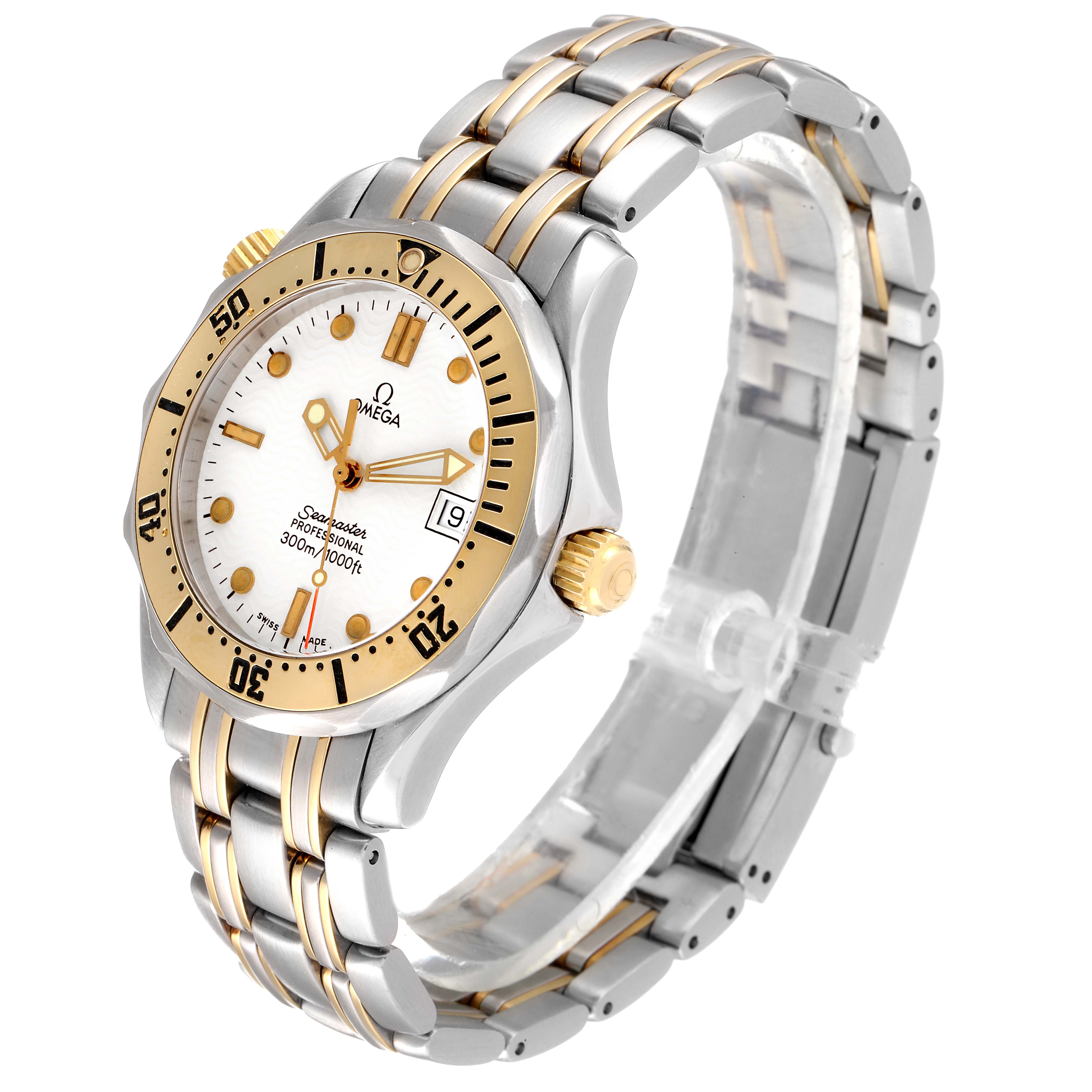 This image shows the Omega Seamaster 2342.20.00 Men's Steel and Gold (two tone) White Dial 2342.20.00 Men's Steel and Gold (two tone) White Dial Professional 300m watch at an angle revealing its face, bezel, crown, and bracelet.