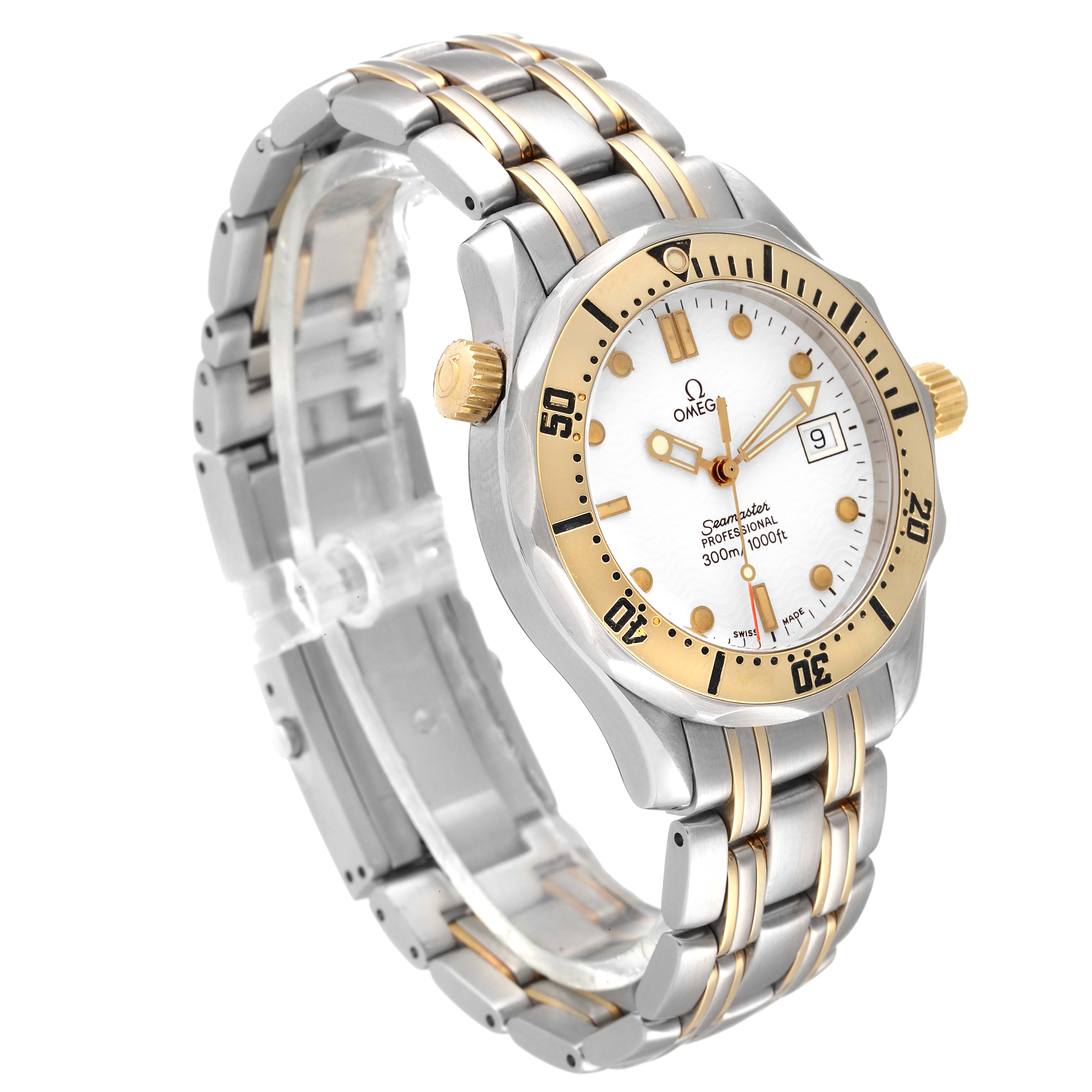 The Omega Seamaster 2342.20.00 Men's Steel and Gold (two tone) White Dial 2342.20.00 Men's Steel and Gold (two tone) White Dial watch is angled to show its face, bezel, bracelet, and crown, highlighting its bi-metal design.