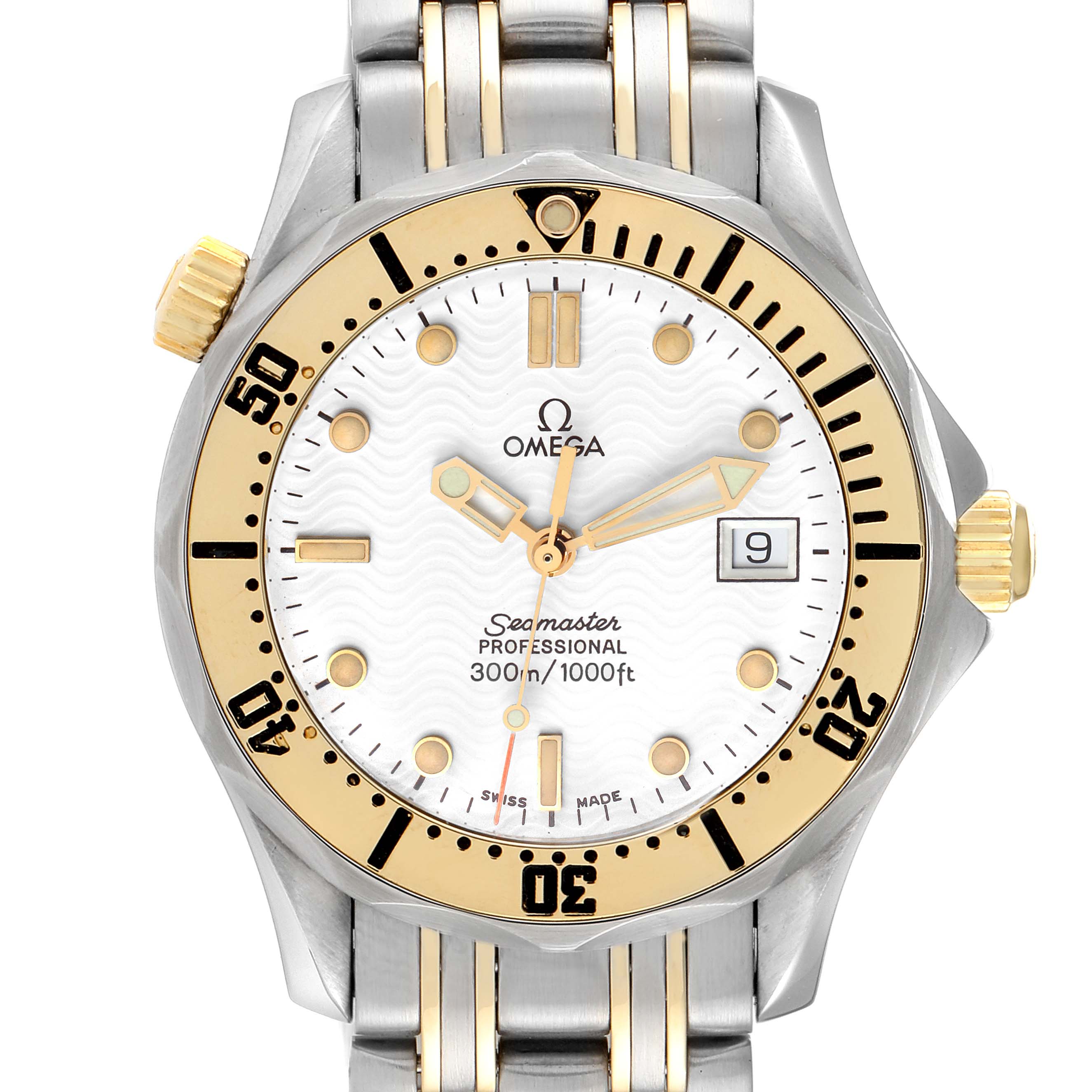The image shows a front-facing view of the Omega Seamaster 2342.20.00 Men's Steel and Gold (two tone) White Dial 2342.20.00 Men's Steel and Gold (two tone) White Dial watch, displaying the dial, bezel, crown, and part of the bracelet.