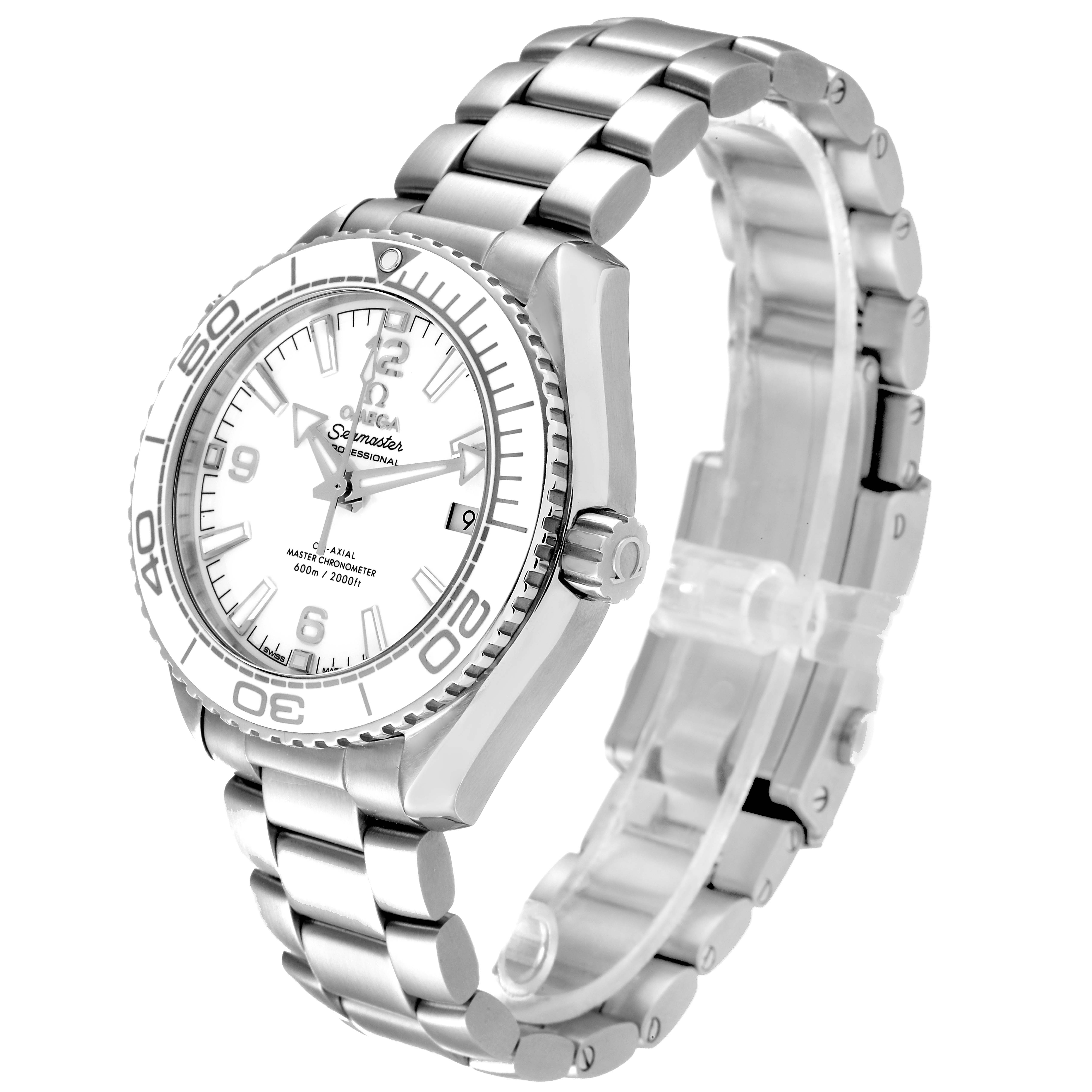 This image shows a side angle of the Omega Planet Ocean 215.30.40.20.04.001 Men's Stainless Steel White Dial 215.30.40.20.04.001 Men's Stainless Steel White Dial watch, highlighting its stainless steel bracelet, bezel, and crown.
