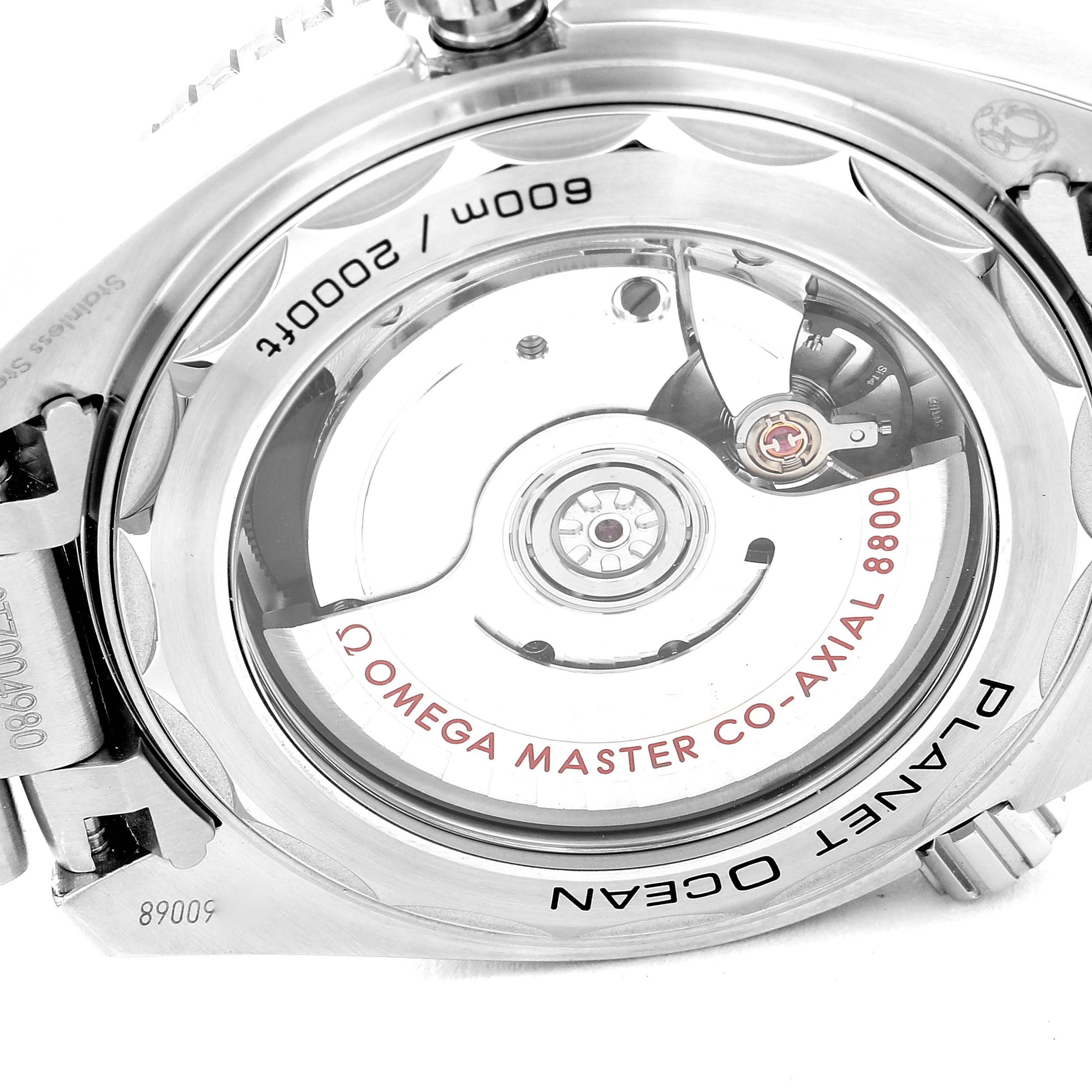 The image shows the case back view of the Omega Planet Ocean 215.30.40.20.04.001 Men's Stainless Steel White Dial 215.30.40.20.04.001 Men's Stainless Steel White Dial watch, highlighting its Omega Master Co-Axial 8800 movement.