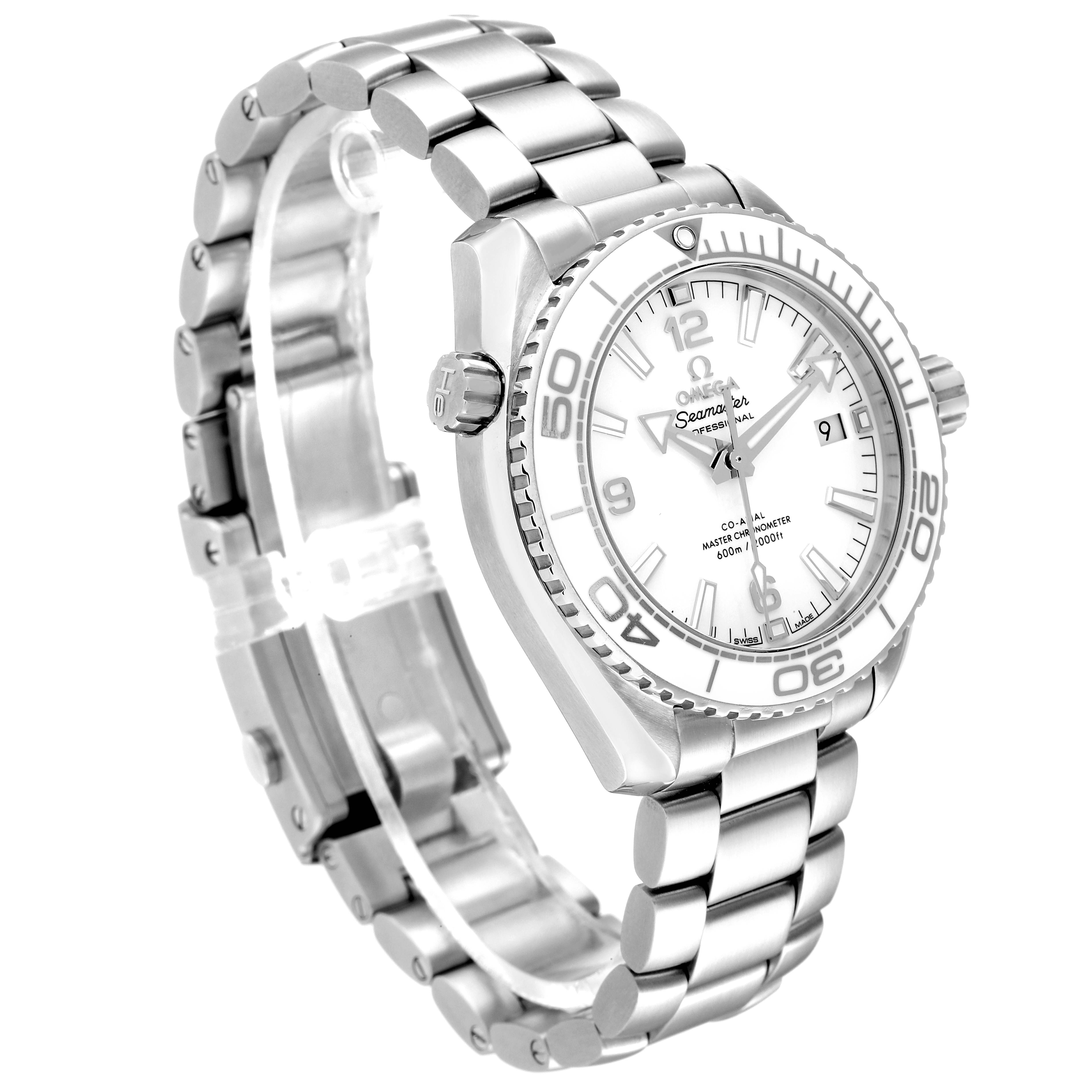 This image shows an angled view of the Omega Planet Ocean 215.30.40.20.04.001 Men's Stainless Steel White Dial 215.30.40.20.04.001 Men's Stainless Steel White Dial watch, highlighting its bezel, face, and metal bracelet.