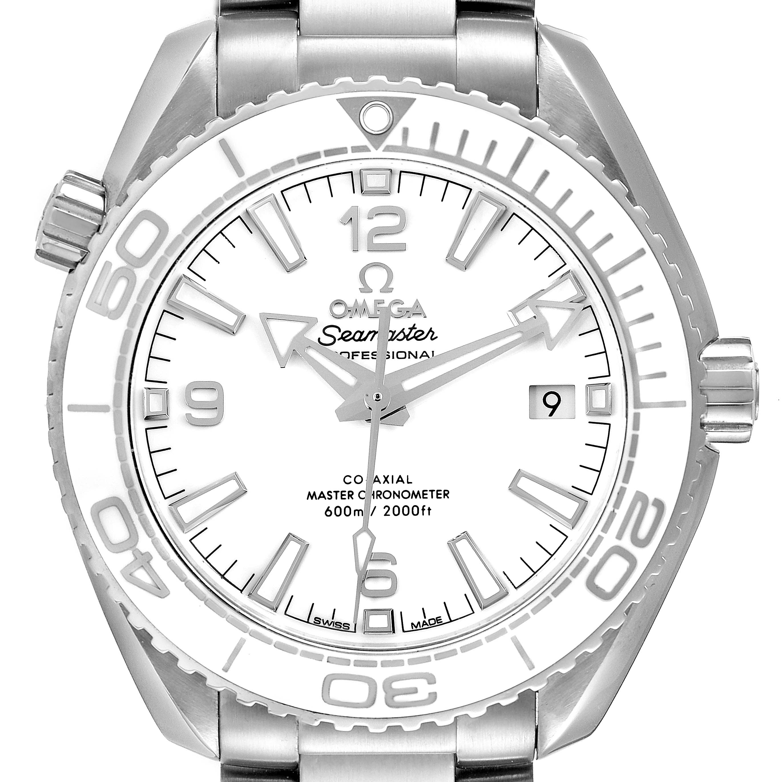 This image shows a front view of the Omega Seamaster Planet Ocean watch, highlighting the dial, bezel, and bracelet.