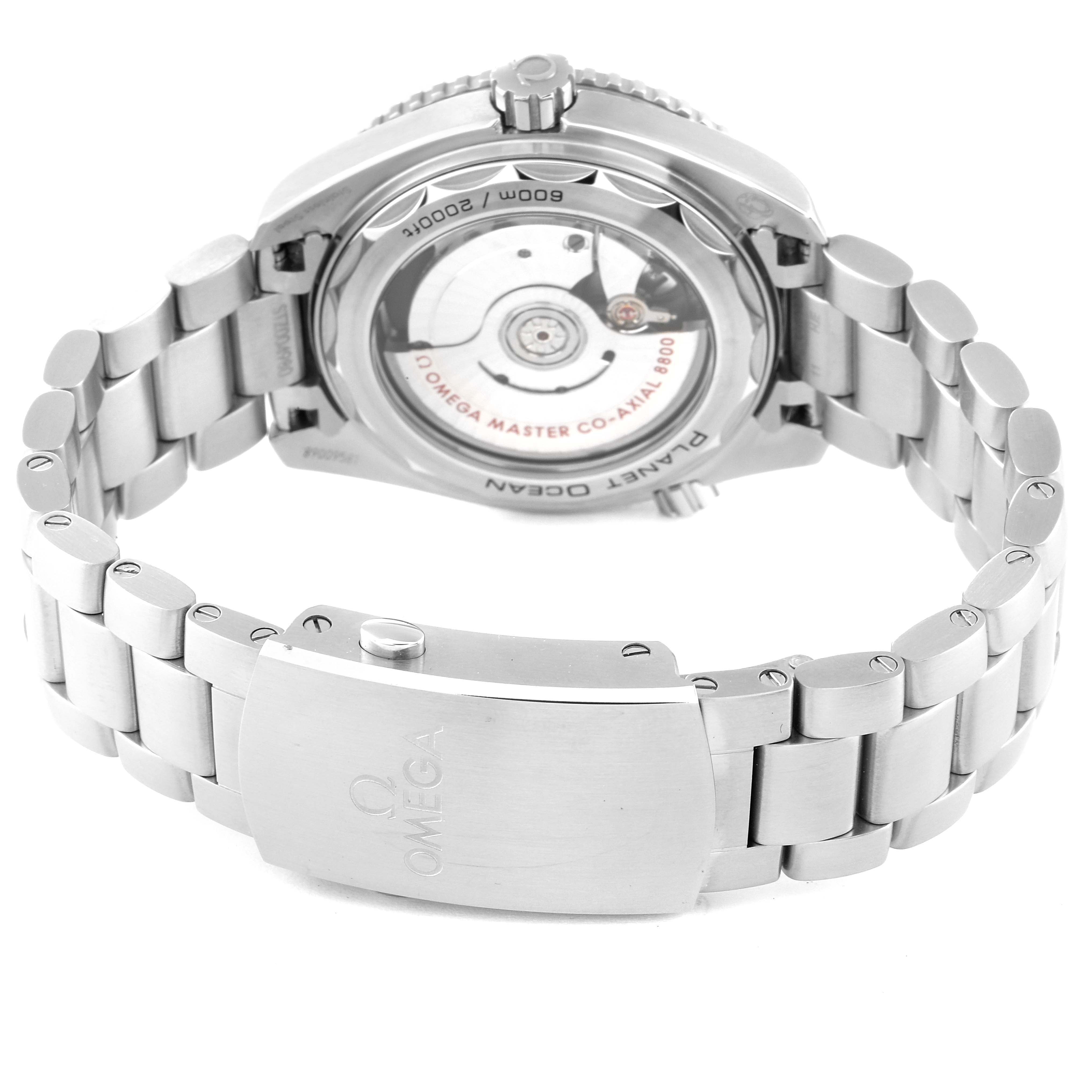 The image shows the back case and bracelet of an Omega Planet Ocean 215.30.40.20.04.001 Men's Stainless Steel White Dial 215.30.40.20.04.001 Men's Stainless Steel White Dial watch from a rear angle.