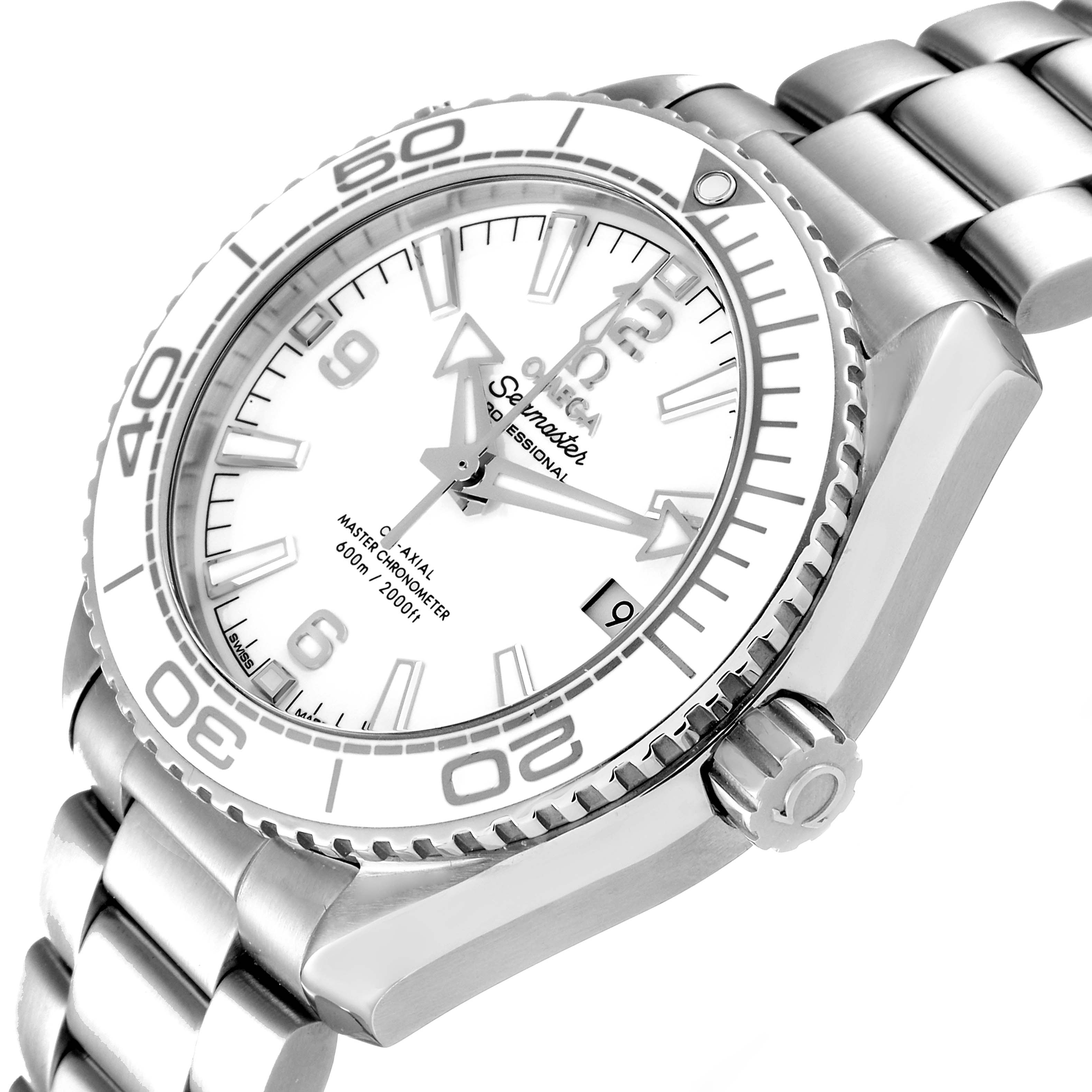 The image shows a close-up angled view of the Omega Planet Ocean 215.30.40.20.04.001 Men's Stainless Steel White Dial 215.30.40.20.04.001 Men's Stainless Steel White Dial watch, highlighting its dial, bezel, crown, and bracelet.