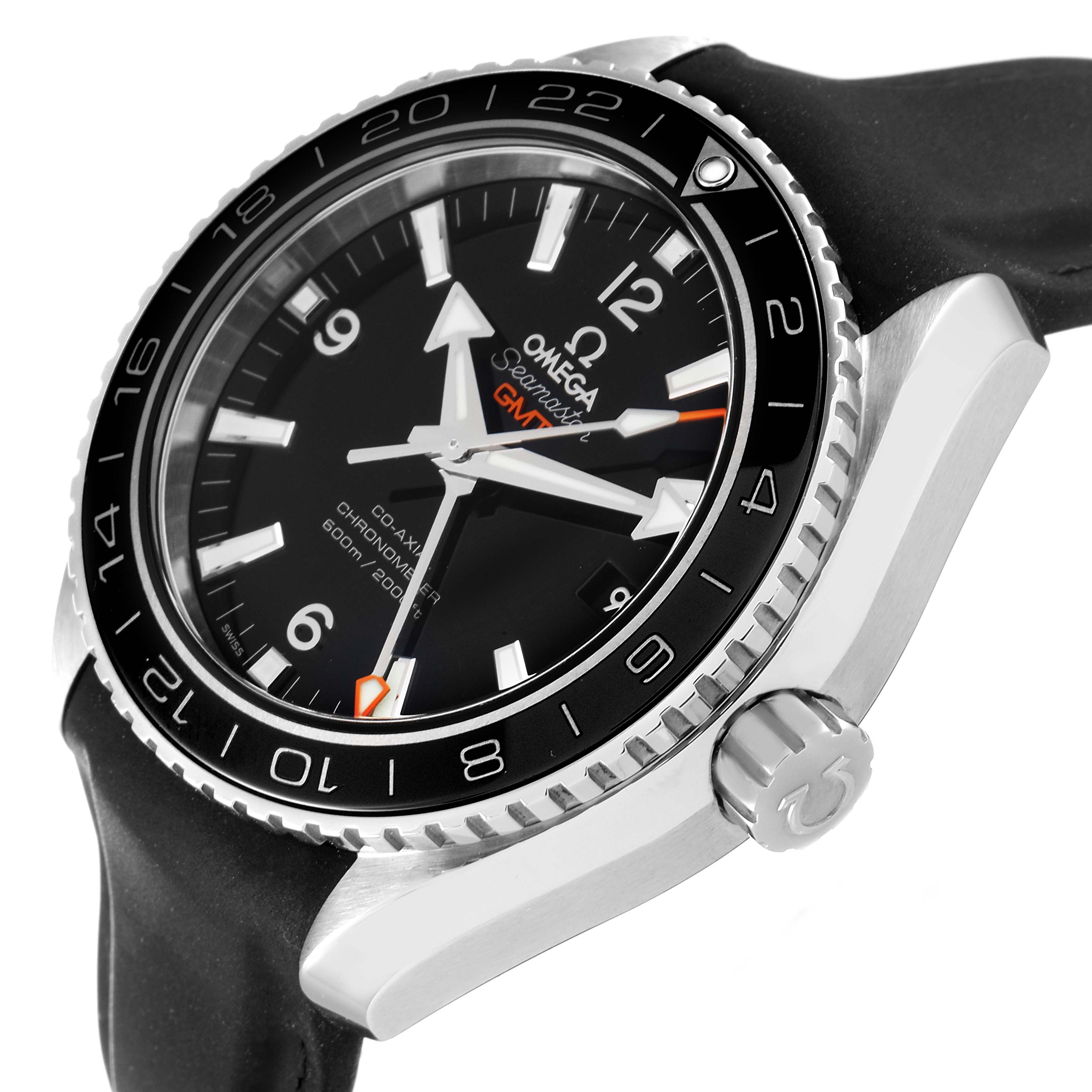 The image shows a side angle of the Omega Planet Ocean 232.30.44.22.01.001 Men's Stainless Steel Black Dial 232.30.44.22.01.001 Men's Stainless Steel Black Dial watch, highlighting its face, bezel, crown, and part of the strap.