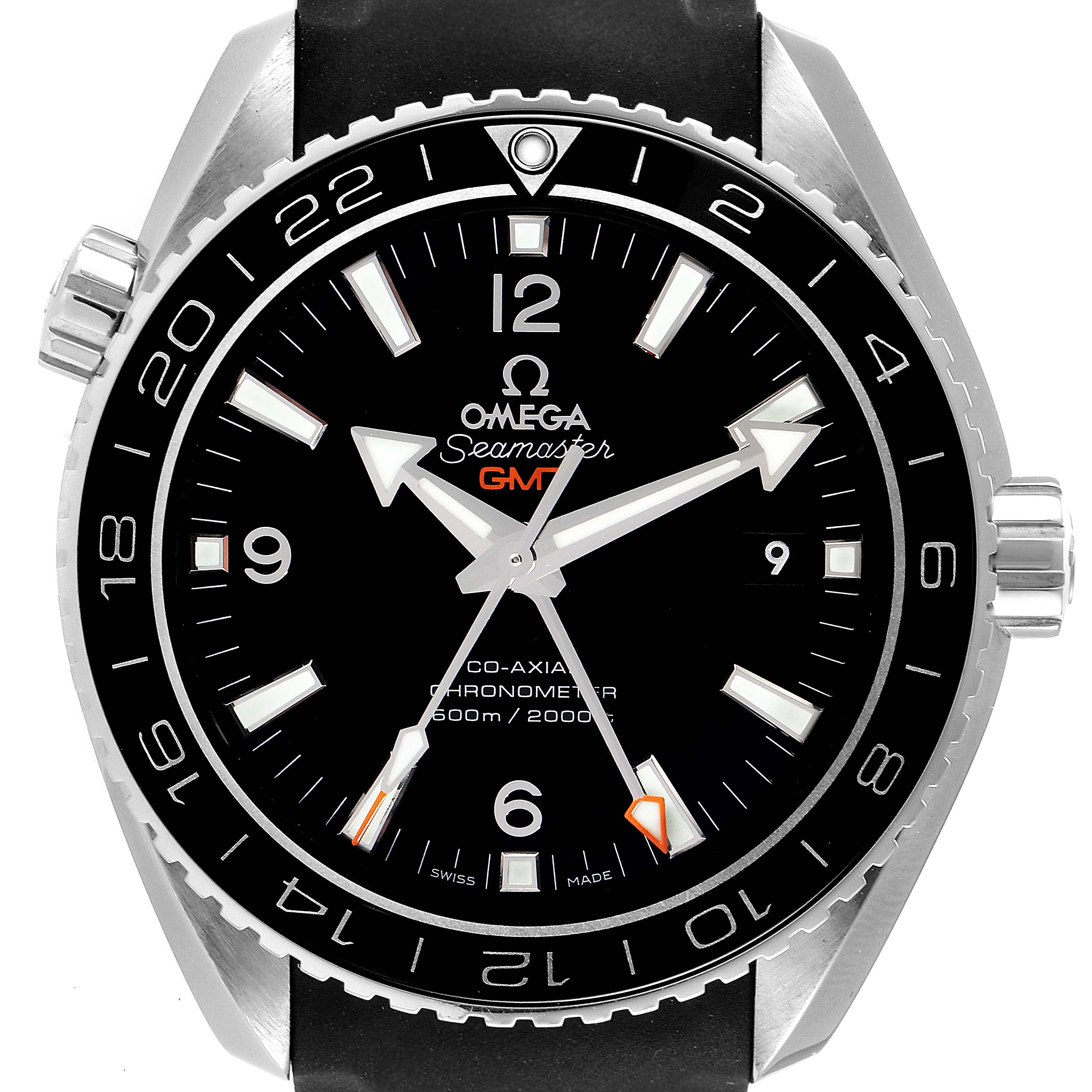 This image shows a front view of the Omega Planet Ocean 232.30.44.22.01.001 Men's Stainless Steel Black Dial 232.30.44.22.01.001 Men's Stainless Steel Black Dial watch, highlighting the dial, bezel, and crown.