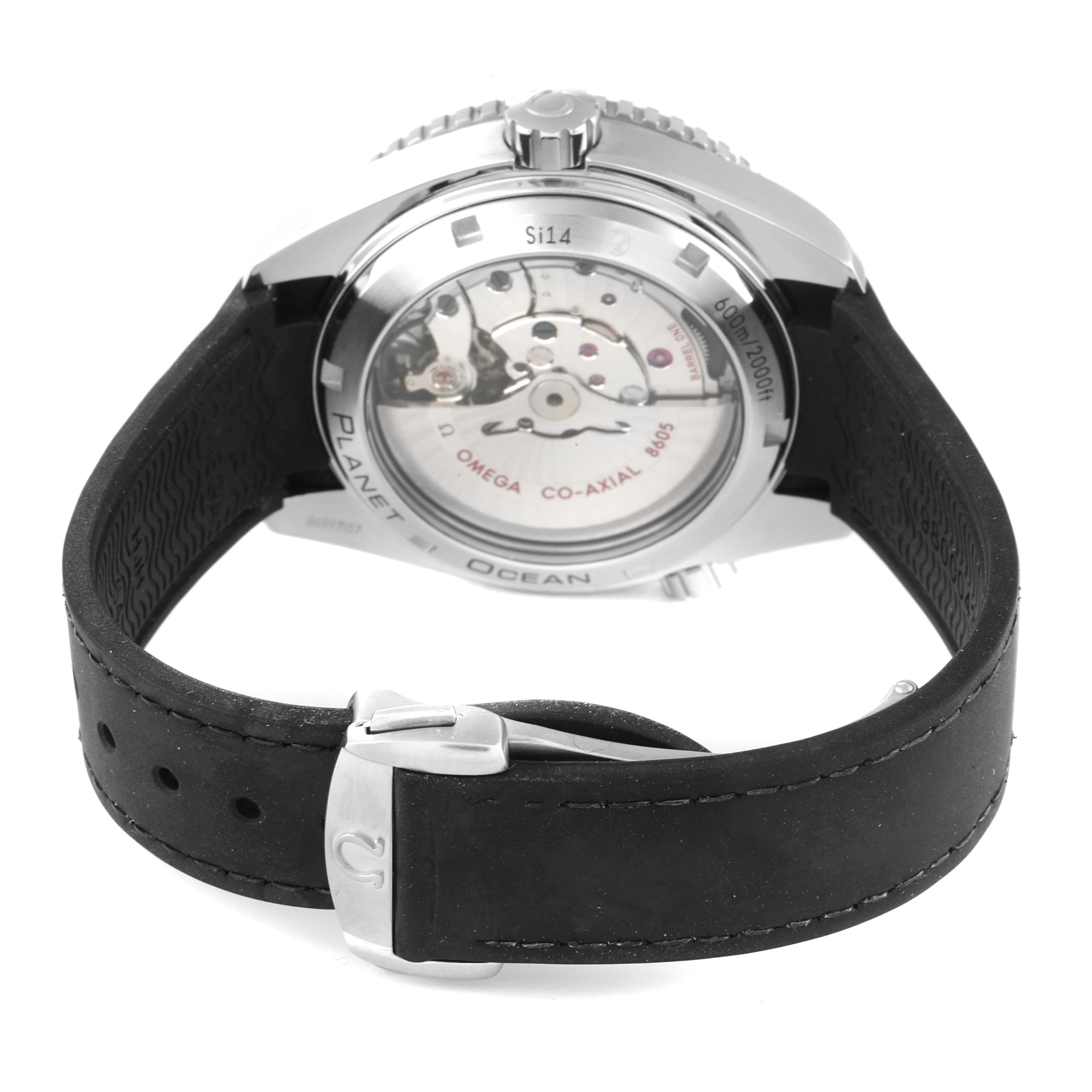 The image shows the back view of the Omega Planet Ocean 232.30.44.22.01.001 Men's Stainless Steel Black Dial 232.30.44.22.01.001 Men's Stainless Steel Black Dial watch, showcasing its movement and black strap.