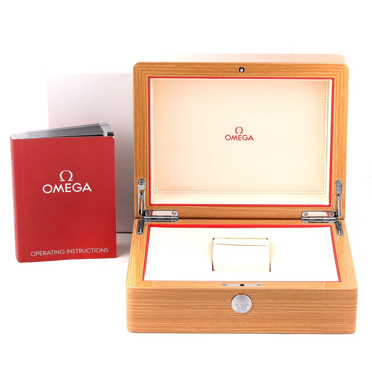 The image displays an Omega Planet Ocean 232.30.44.22.01.001 Men's Stainless Steel Black Dial 232.30.44.22.01.001 Men's Stainless Steel Black Dial watch box and operating instructions from a front angle.