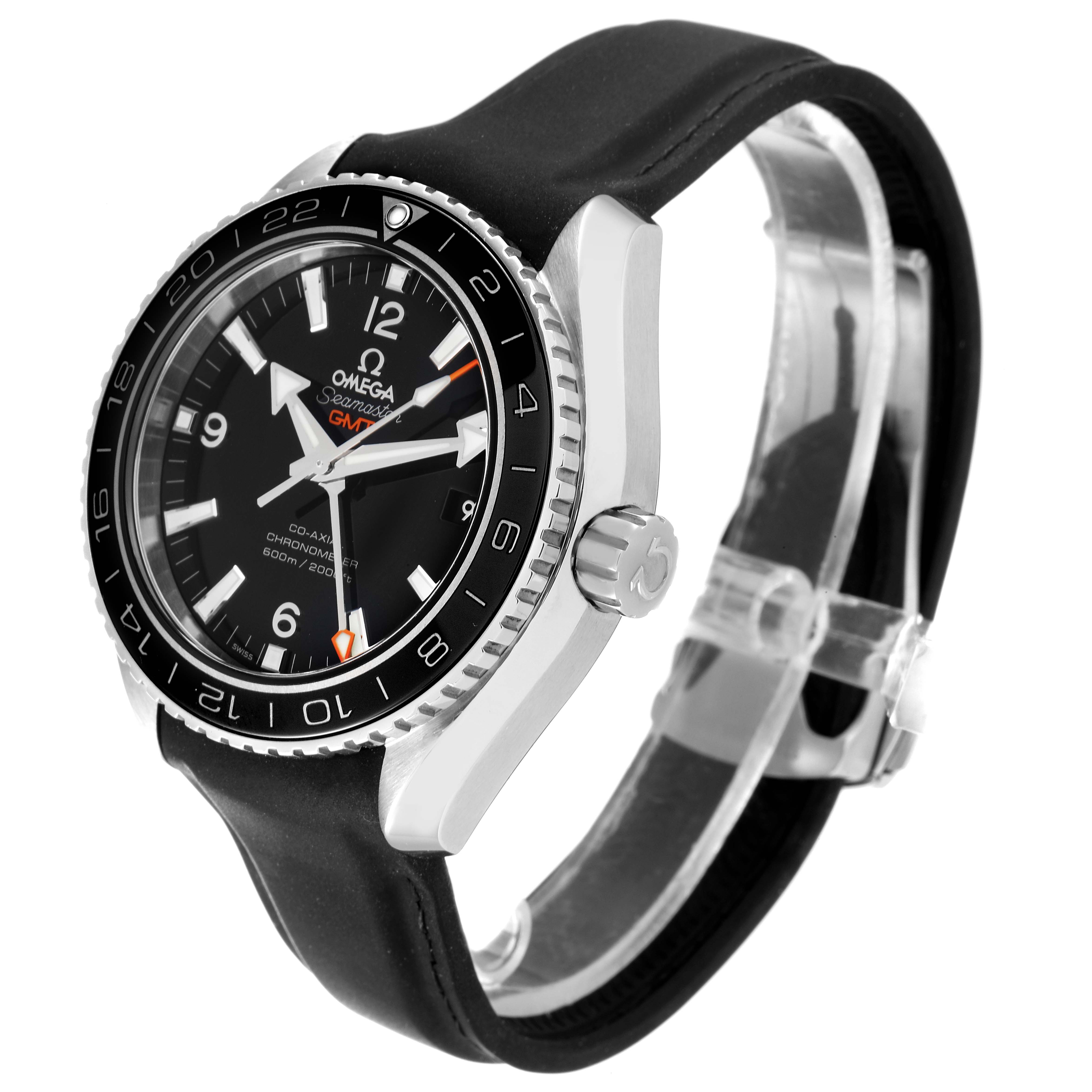 This Omega Planet Ocean 232.30.44.22.01.001 Men's Stainless Steel Black Dial 232.30.44.22.01.001 Men's Stainless Steel Black Dial watch is shown at an angle highlighting its face, bezel, crown, and strap.