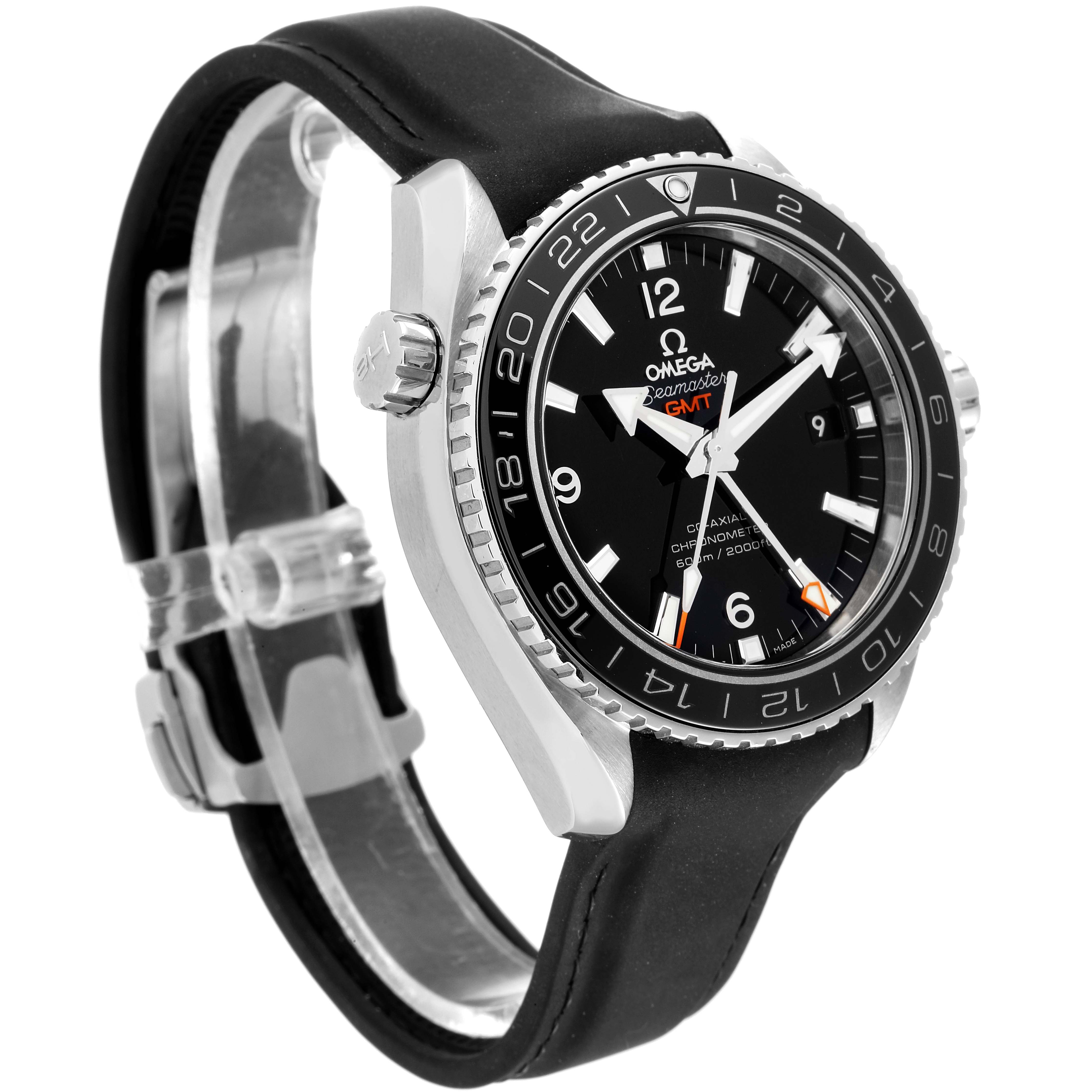 This image shows a side-angle view of the Omega Planet Ocean 232.30.44.22.01.001 Men's Stainless Steel Black Dial 232.30.44.22.01.001 Men's Stainless Steel Black Dial watch, displaying the dial, bezel, crown, and strap.