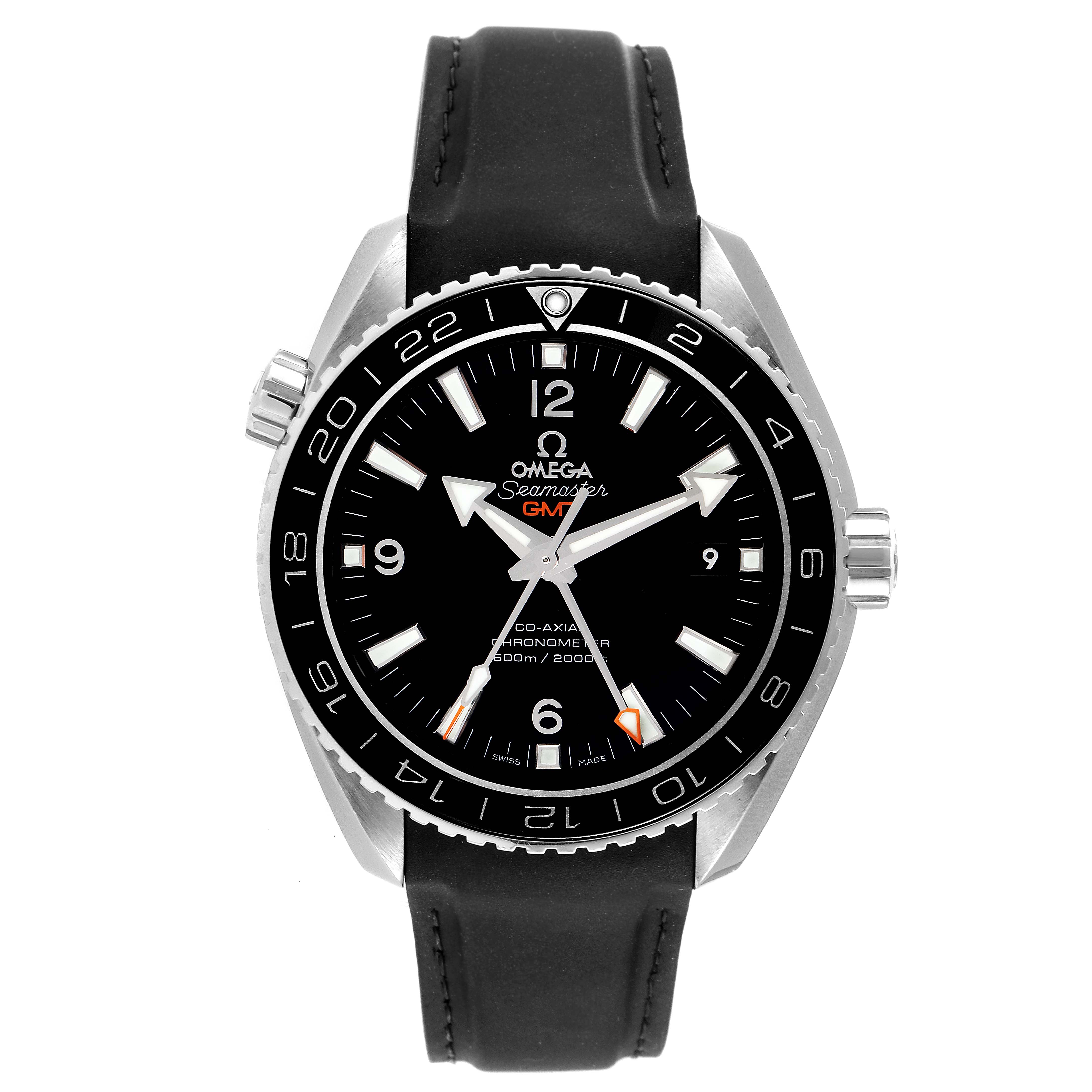 The image shows a front view of the Omega Planet Ocean 232.30.44.22.01.001 Men's Stainless Steel Black Dial 232.30.44.22.01.001 Men's Stainless Steel Black Dial watch, highlighting the dial, bezel, and strap.