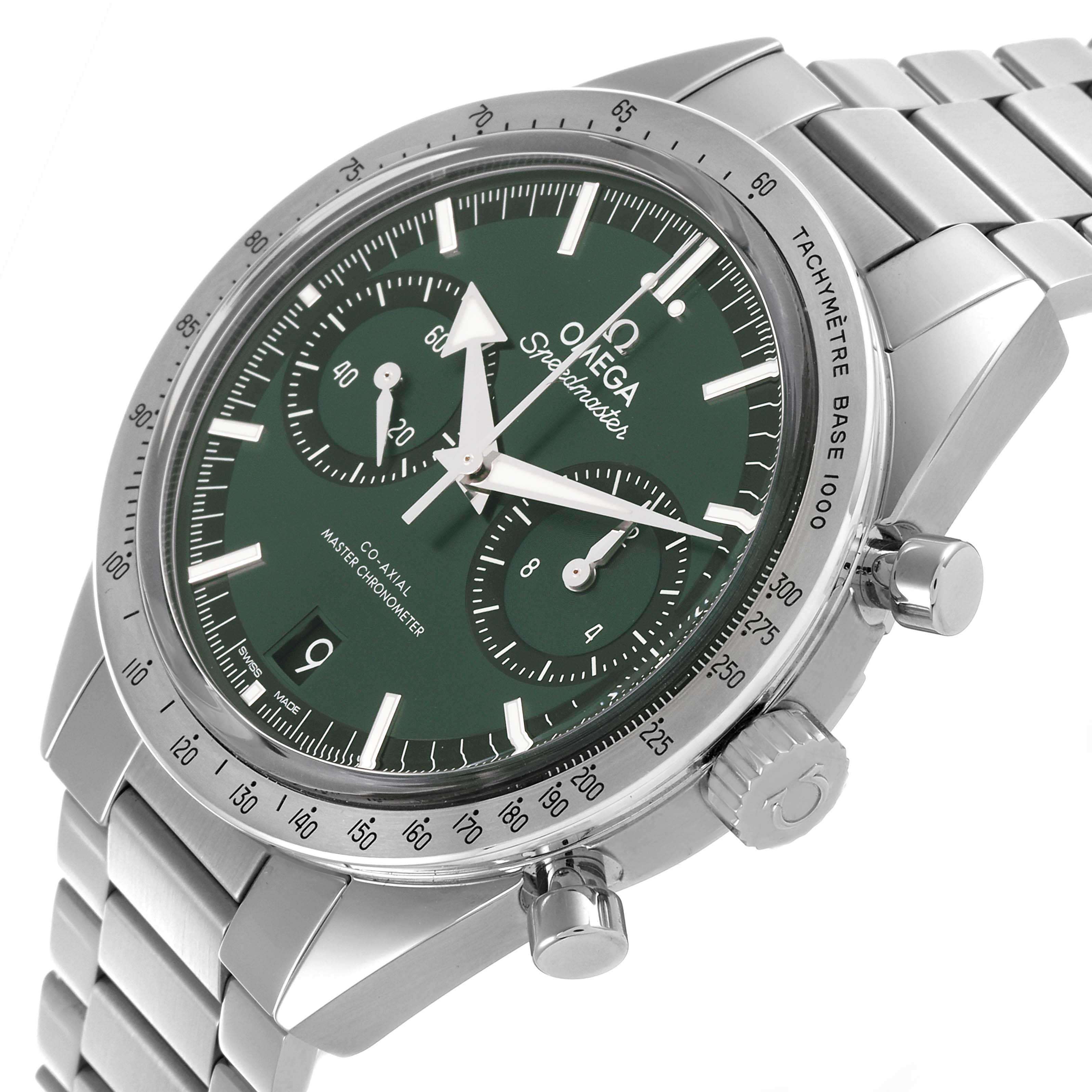 The Omega Speedmaster 332.10.41.51.01.001 Men's Stainless Steel Green Dial 332.10.41.51.01.001 Men's Stainless Steel Green Dial watch is shown at a three-quarter angle, highlighting the face, bezel, bracelet, and crown.