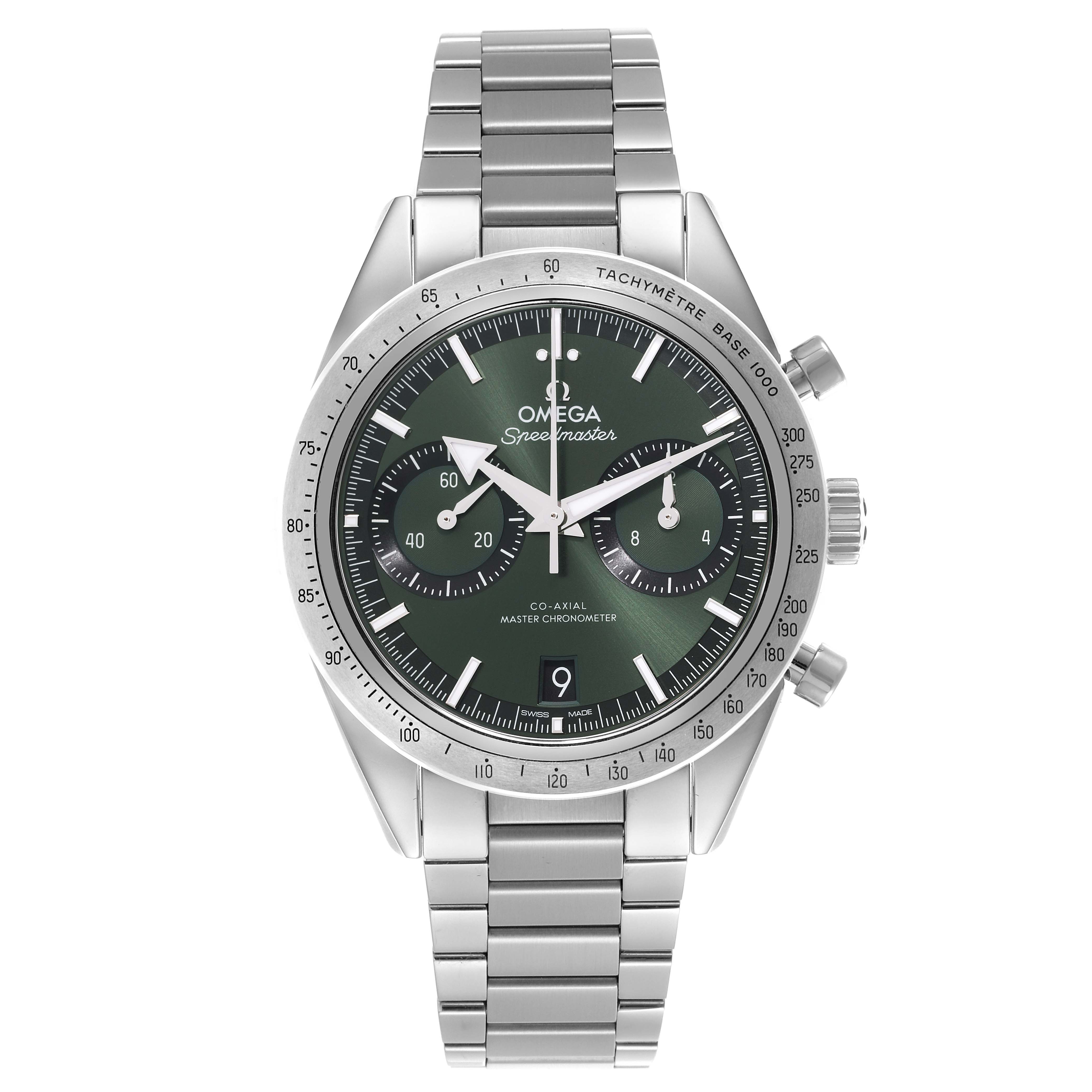 The Omega Speedmaster 332.10.41.51.01.001 Men's Stainless Steel Green Dial 332.10.41.51.01.001 Men's Stainless Steel Green Dial watch is shown from the front, displaying the face, bezel, chronograph dials, and bracelet.