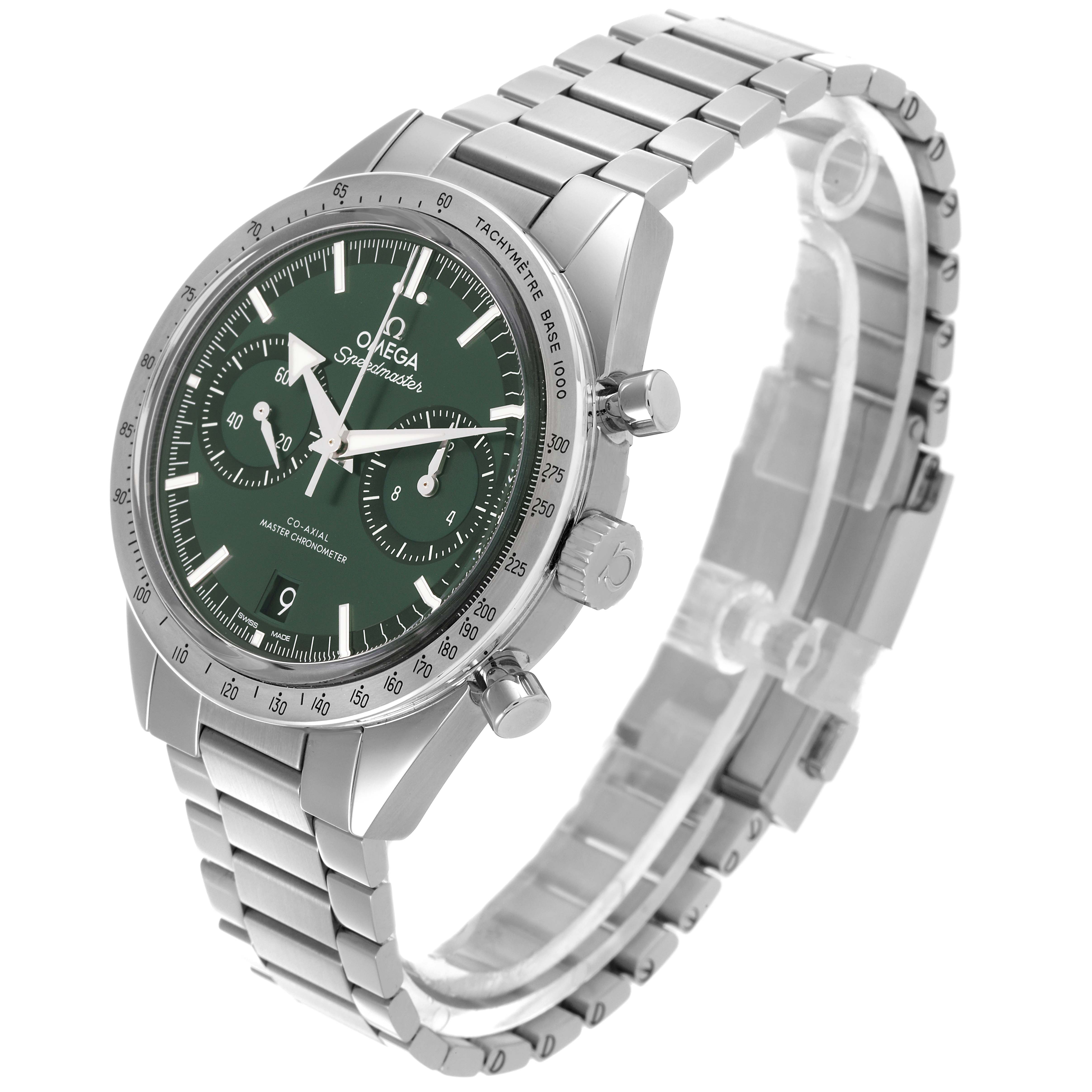 The Omega Speedmaster 332.10.41.51.01.001 Men's Stainless Steel Green Dial 332.10.41.51.01.001 Men's Stainless Steel Green Dial watch is shown at an angled view, displaying the face, bezel, and bracelet prominently.