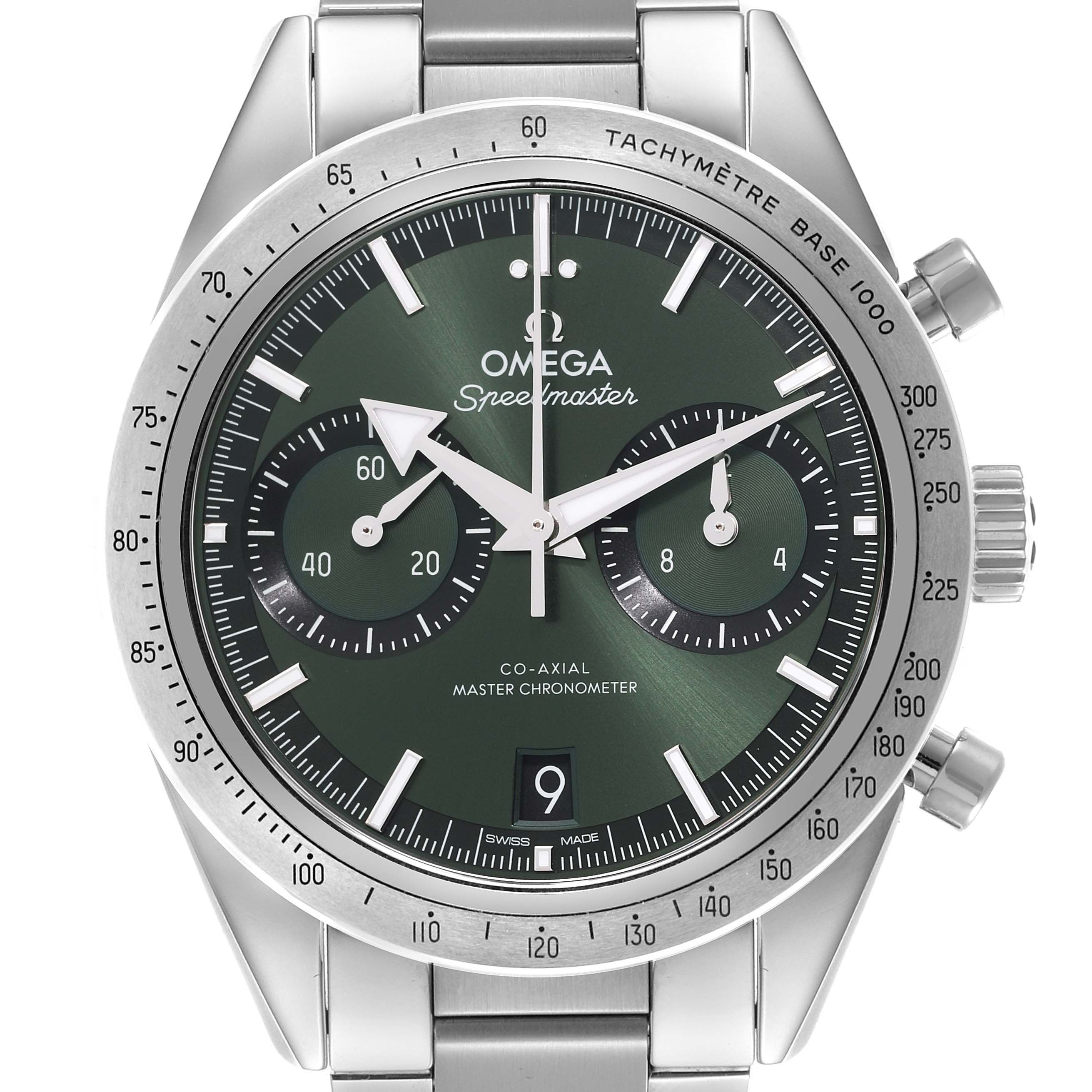 The Omega Speedmaster 332.10.41.51.01.001 Men's Stainless Steel Green Dial 332.10.41.51.01.001 Men's Stainless Steel Green Dial watch is shown from the front, highlighting the dial, bezel, and stainless steel bracelet.