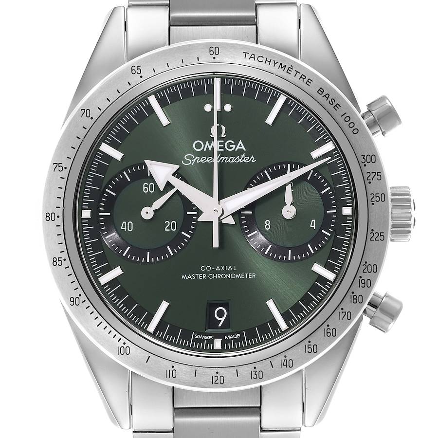 The Omega Speedmaster watch is shown from the front, highlighting the dial, bezel, and stainless steel bracelet.