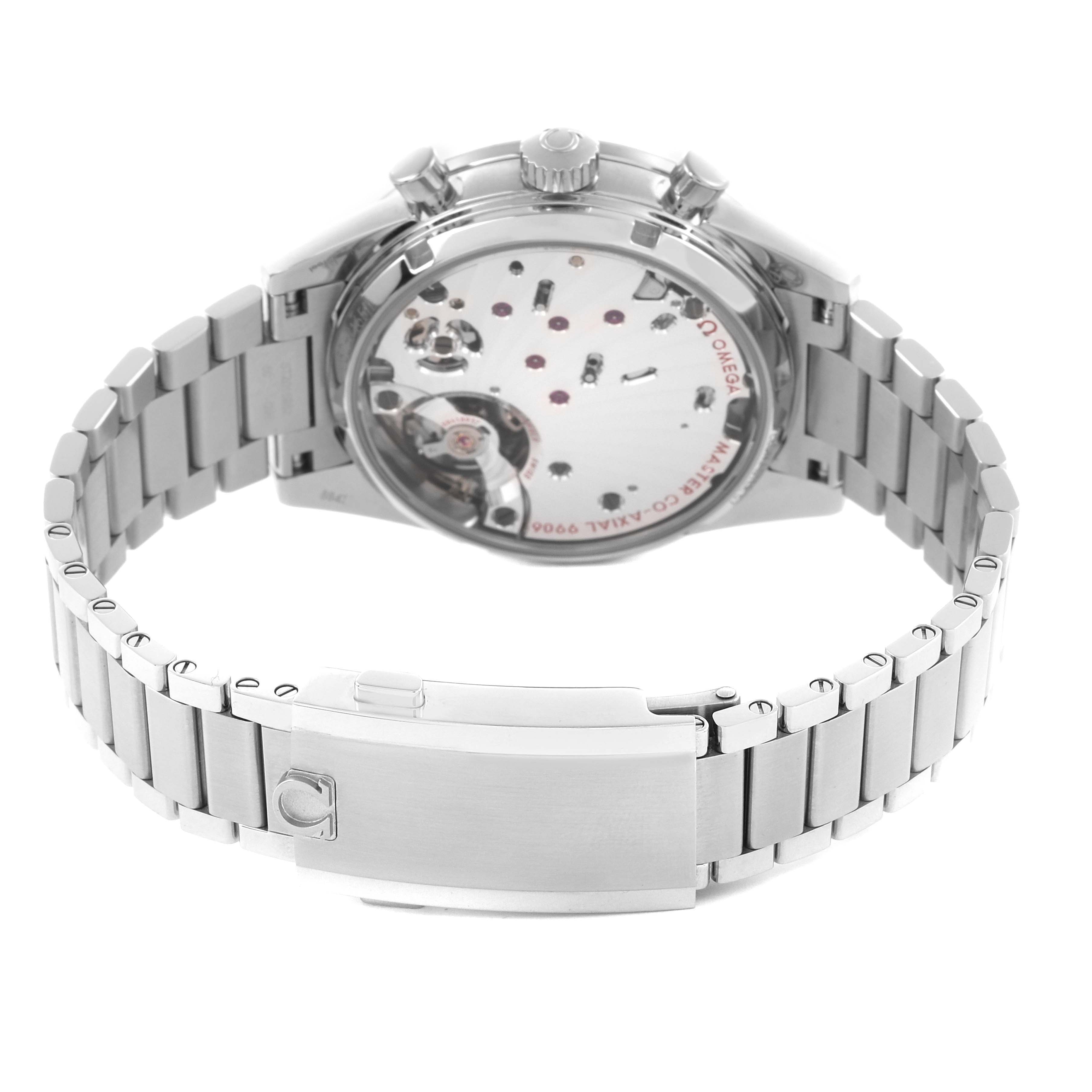 The image shows the back of an Omega Speedmaster 332.10.41.51.01.001 Men's Stainless Steel Green Dial 332.10.41.51.01.001 Men's Stainless Steel Green Dial, highlighting the movement and metal bracelet.