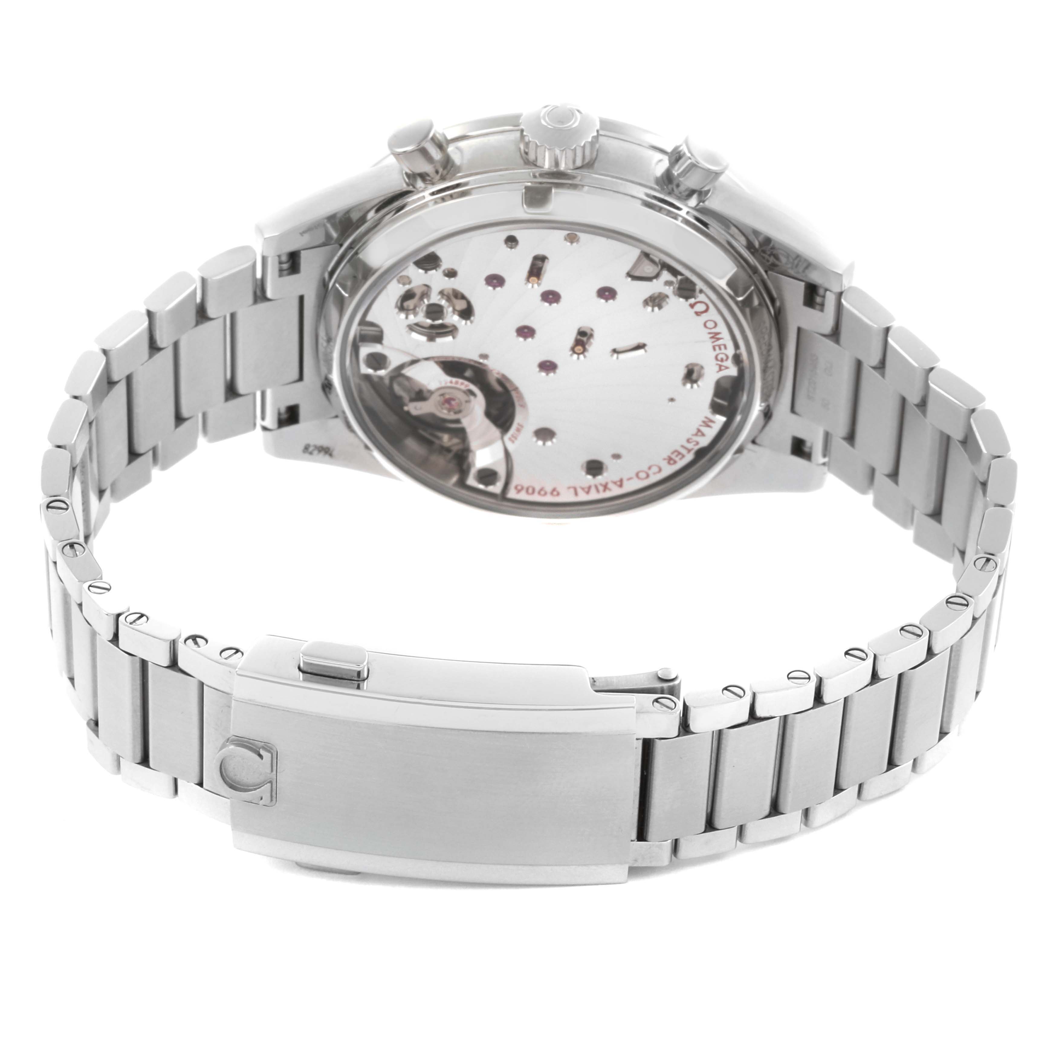 The Omega Speedmaster 332.10.41.51.03.001 Men's Stainless Steel Blue Dial 332.10.41.51.03.001 Men's Stainless Steel Blue Dial watch is shown from the back, highlighting the case back and metal bracelet with the clasp.