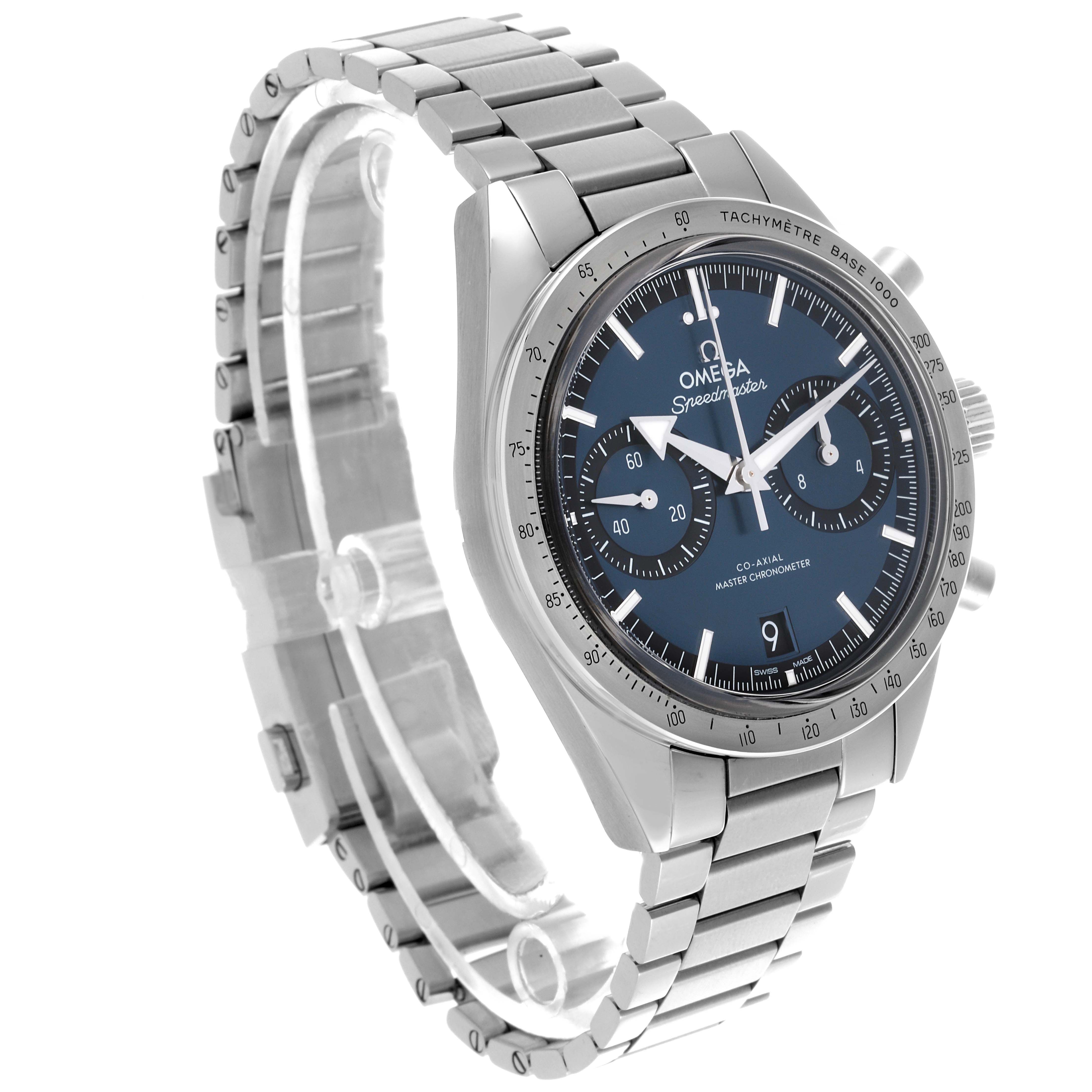 The Omega Speedmaster 332.10.41.51.03.001 Men's Stainless Steel Blue Dial 332.10.41.51.03.001 Men's Stainless Steel Blue Dial watch is shown at a three-quarter angle, highlighting the bracelet, case, and dial features.
